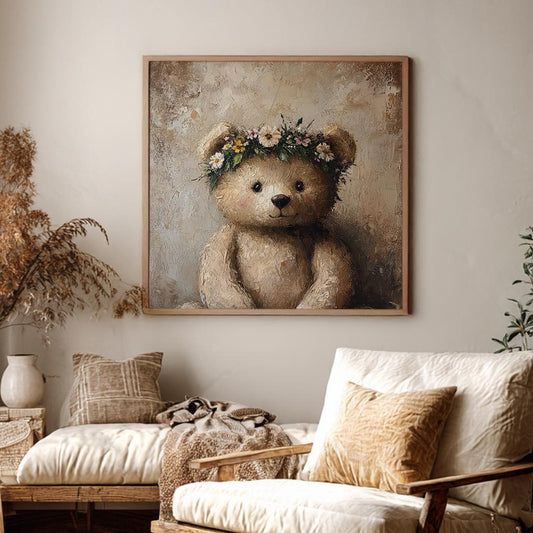 Teddy Bear with Floral Crown Canvas Art | Impasto Print | Bohemian Wall Art For Nursery | Creamy Beige Art Square Canvas Art