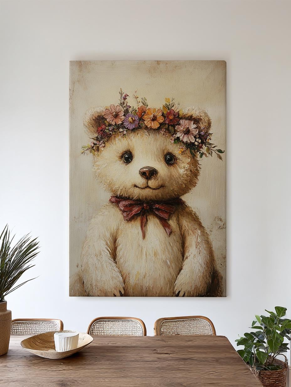 Teddy Bear Floral Canvas Art | Impasto Oil Print | Bohemian Wall Art For Nursery | Blush Pink Art Vertical Canvas