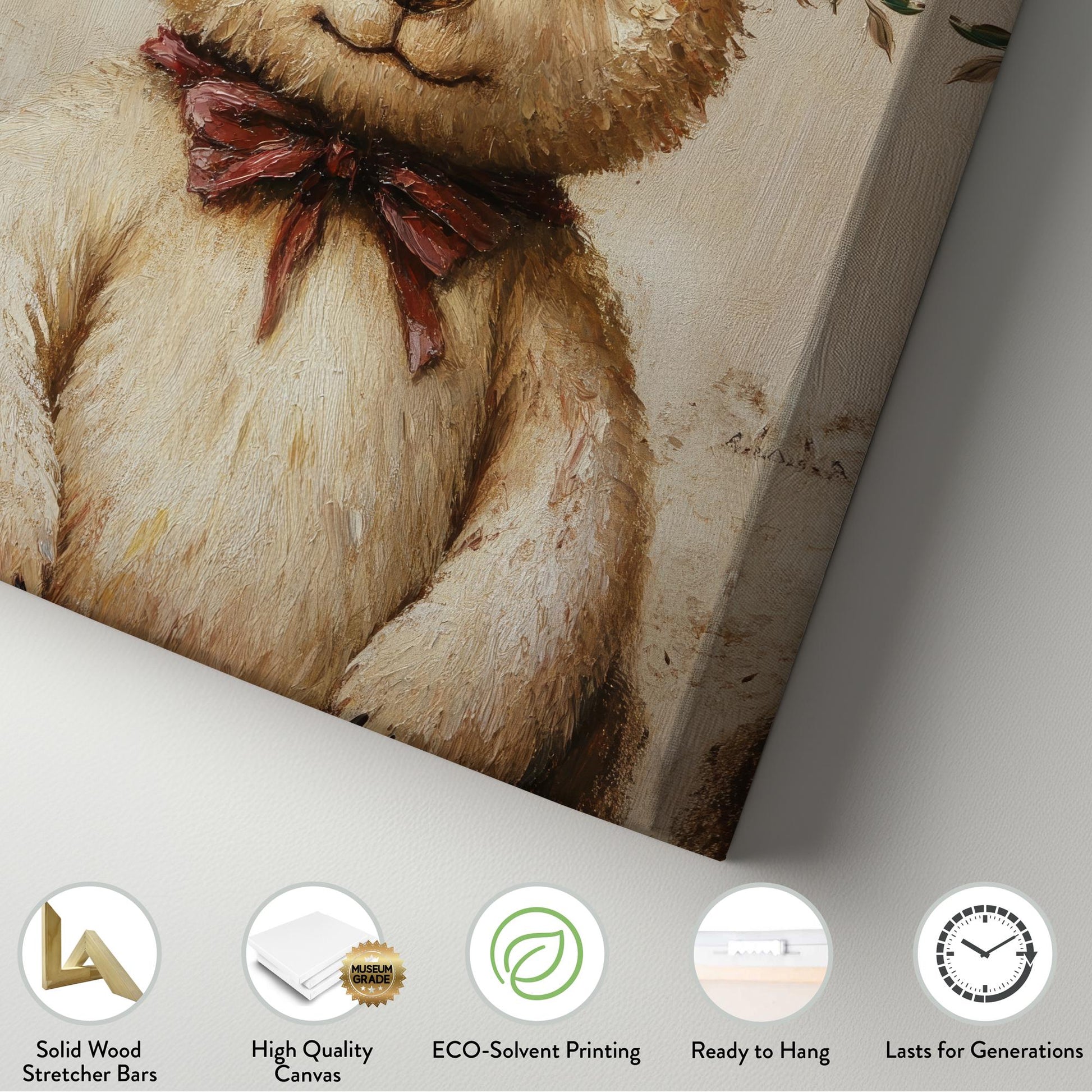 Teddy Bear Floral Canvas Art | Impasto Oil Print | Bohemian Wall Art For Nursery | Blush Pink Art Vertical Canvas
