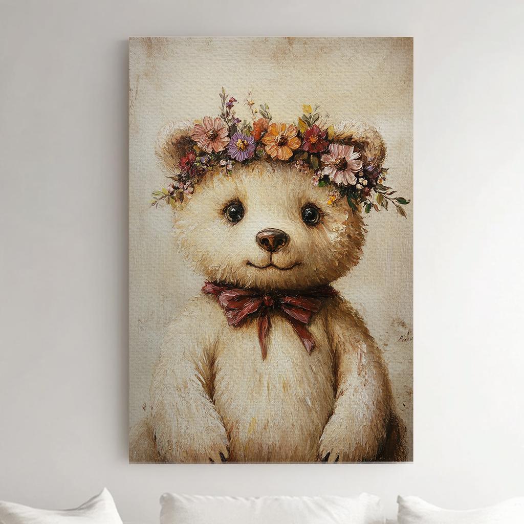 Teddy Bear Floral Canvas Art | Impasto Oil Print | Bohemian Wall Art For Nursery | Blush Pink Art Vertical Canvas
