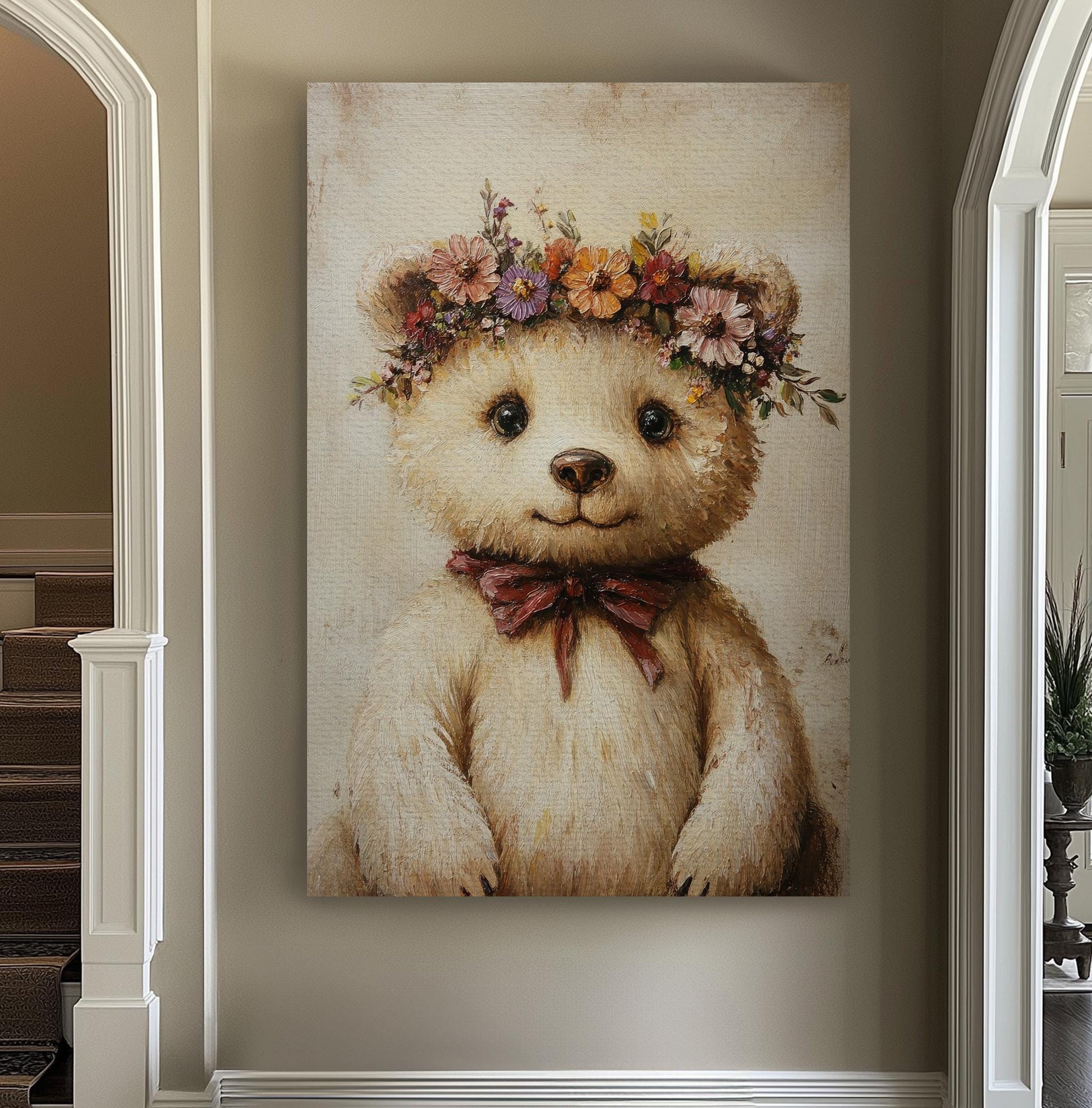 Teddy Bear Floral Canvas Art | Impasto Oil Print | Bohemian Wall Art For Nursery | Blush Pink Art Vertical Canvas