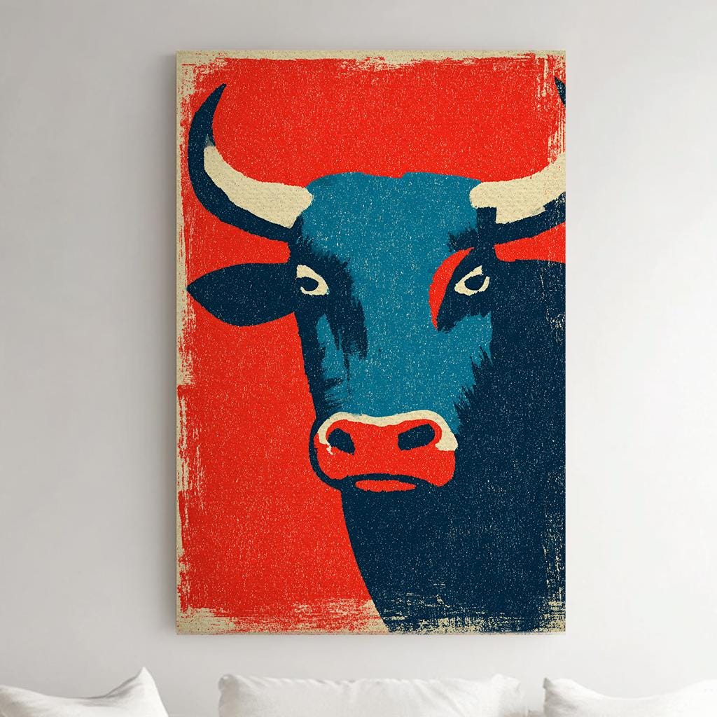 Taurus Bull Canvas Art | Retro Pop Art Print | Mid Century Modern Wall Art For Above Couch | Vermilion Aegean Art Vertical Canvas