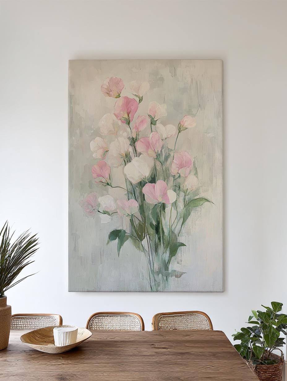 Sweet Pea Blossom Canvas Art | Impasto Floral Print | Bohemian Wall Art For Bedroom | Blush Pink Dove Grey Art Vertical Canvas