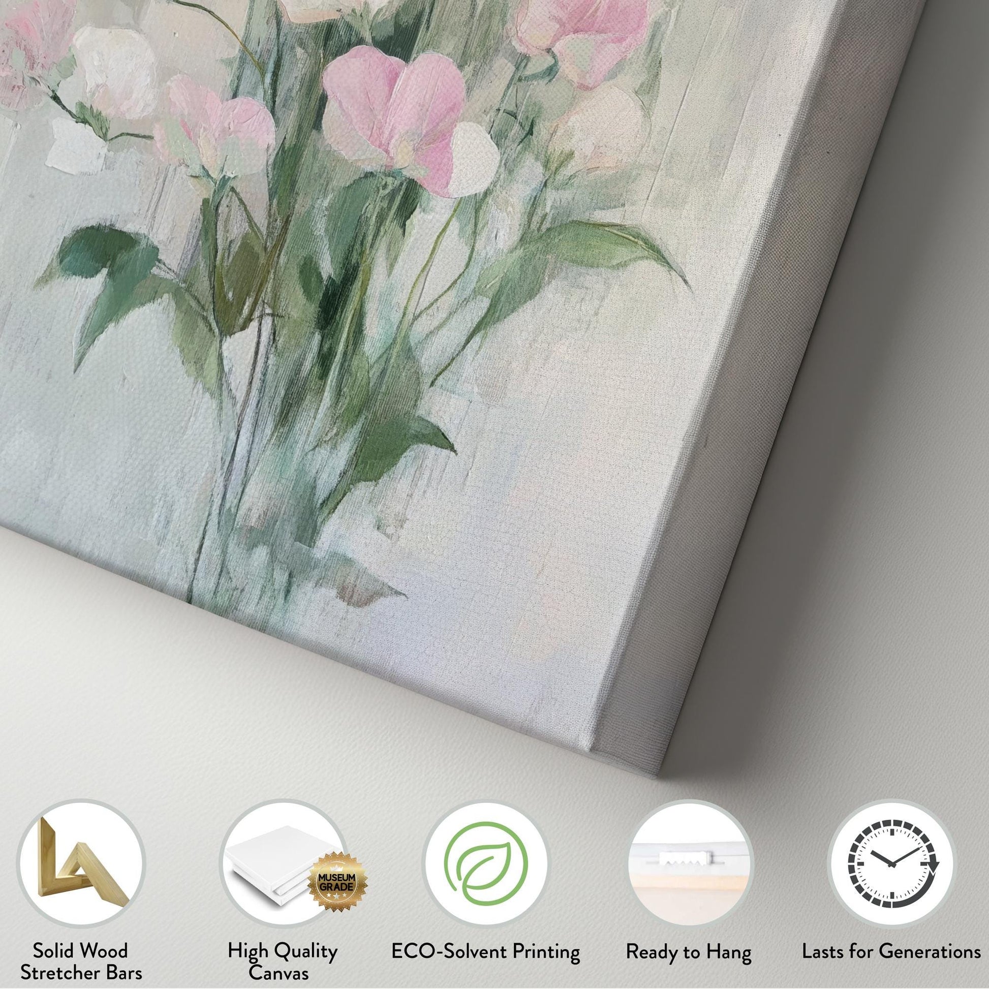 Sweet Pea Blossom Canvas Art | Impasto Floral Print | Bohemian Wall Art For Bedroom | Blush Pink Dove Grey Art Vertical Canvas