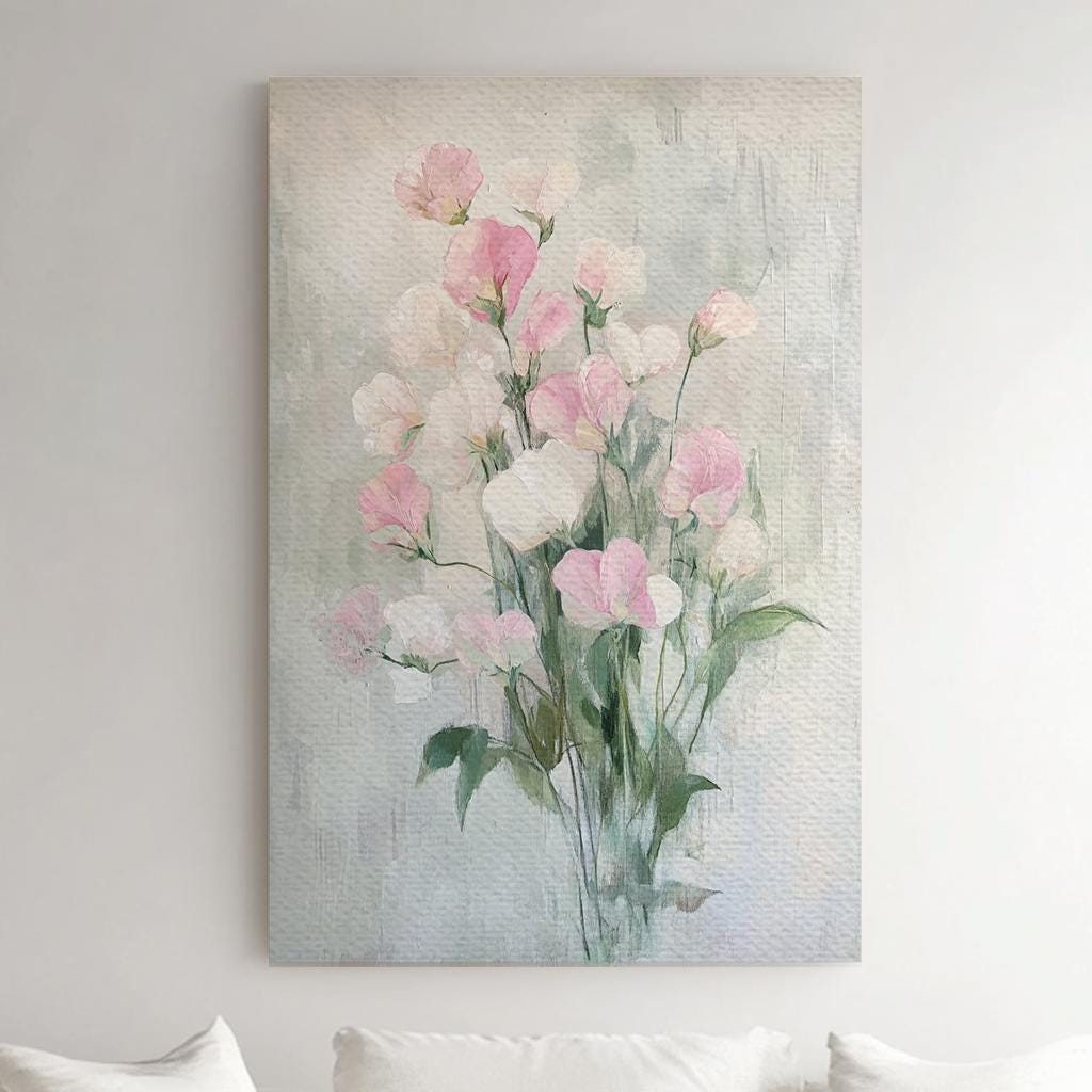 Sweet Pea Blossom Canvas Art | Impasto Floral Print | Bohemian Wall Art For Bedroom | Blush Pink Dove Grey Art Vertical Canvas