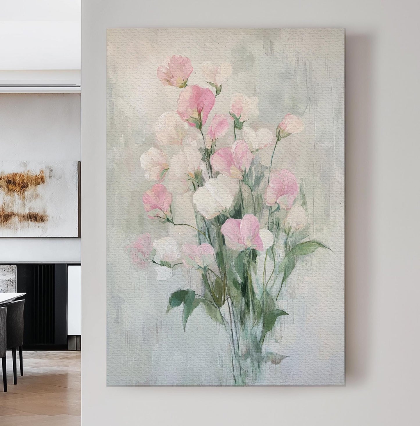 Sweet Pea Blossom Canvas Art | Impasto Floral Print | Bohemian Wall Art For Bedroom | Blush Pink Dove Grey Art Vertical Canvas