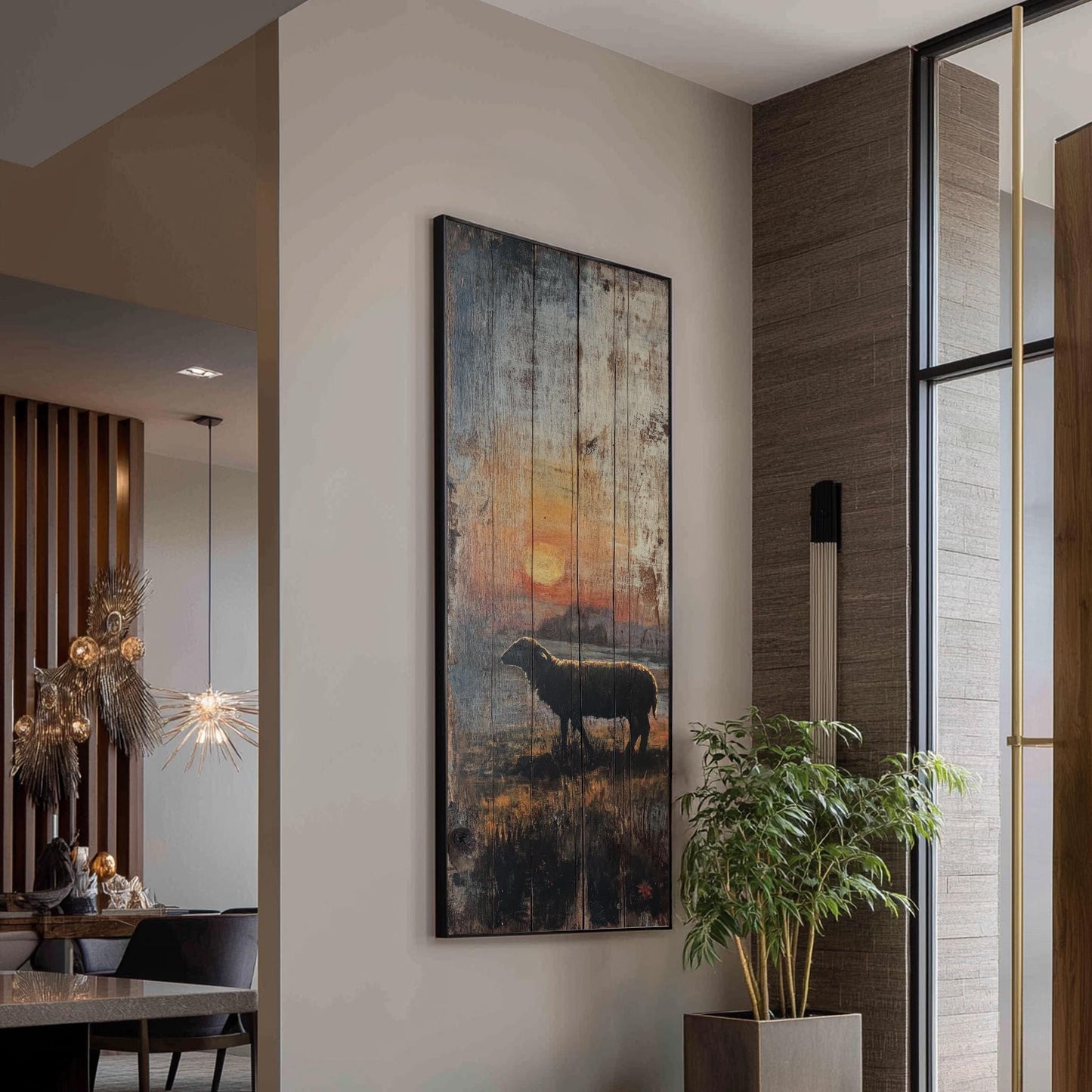 Sunset Silhouette Sheep Canvas Art | Reclaimed Woodblock Print | Bohemian Farmhouse Wall Art For Living Room Long Vertical Art