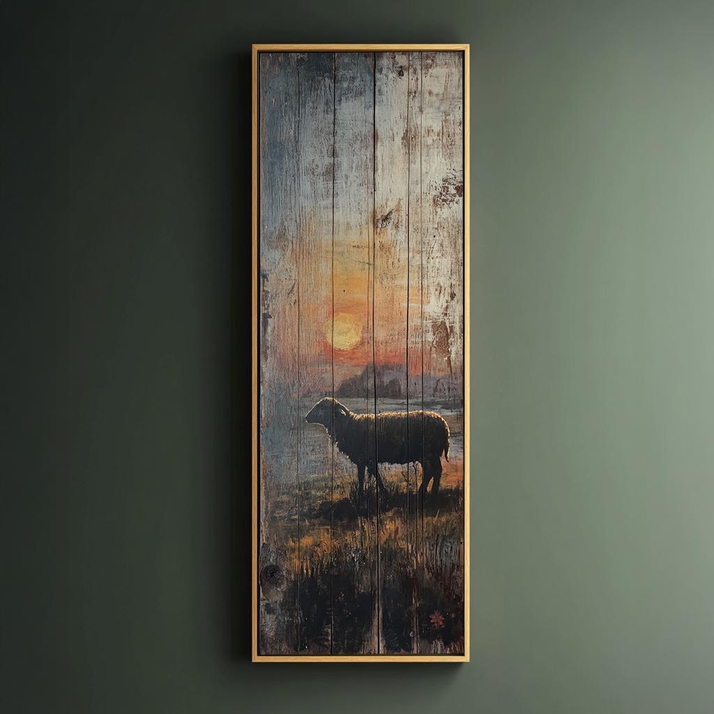 Sunset Silhouette Sheep Canvas Art | Reclaimed Woodblock Print | Bohemian Farmhouse Wall Art For Living Room Long Vertical Art