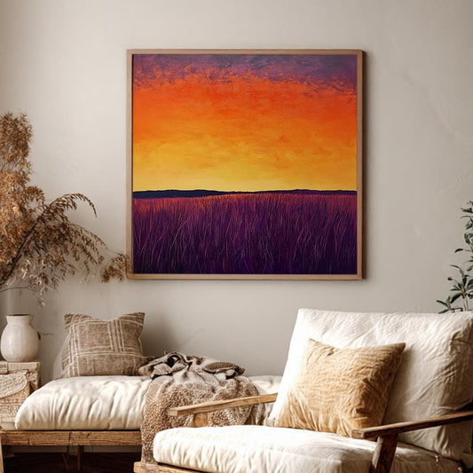 Sunset Prairie Landscape Canvas Art | Impasto Textured Print | Bohemian Wall Art For Living Room Square Canvas Art