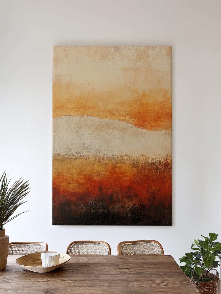 Sunset Prairie Landscape Canvas Art | Impasto Textural Print | Mid Century Modern Wall Art For Living Room Vertical Canvas