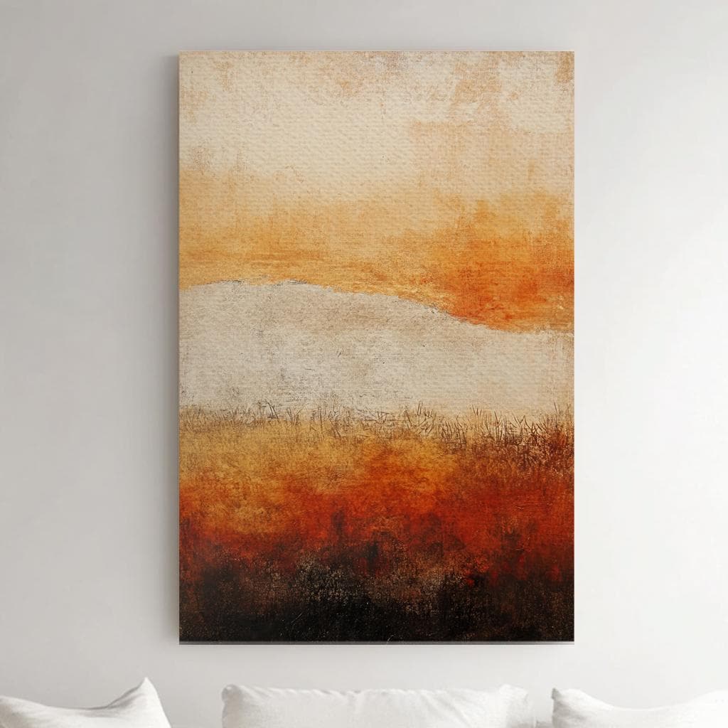 Sunset Prairie Landscape Canvas Art | Impasto Textural Print | Mid Century Modern Wall Art For Living Room Vertical Canvas