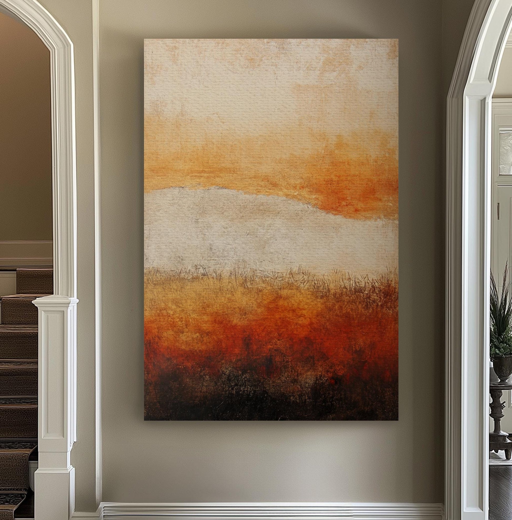 Sunset Prairie Landscape Canvas Art | Impasto Textural Print | Mid Century Modern Wall Art For Living Room Vertical Canvas