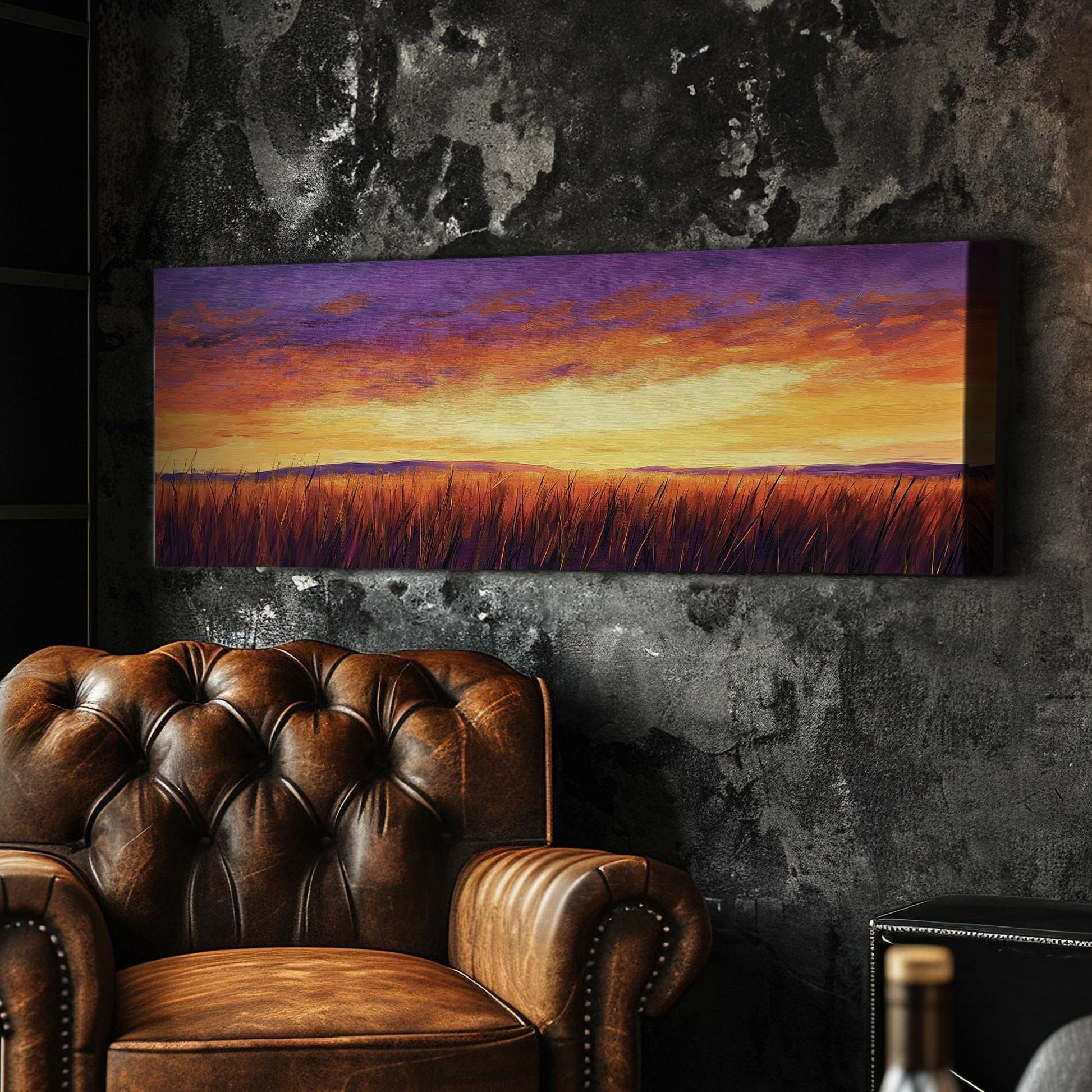 Sunset Prairie Impressionist Canvas Art | Impasto Palette Knife Print | Bohemian Wall Art For Living Room Panoramic Wall Art
