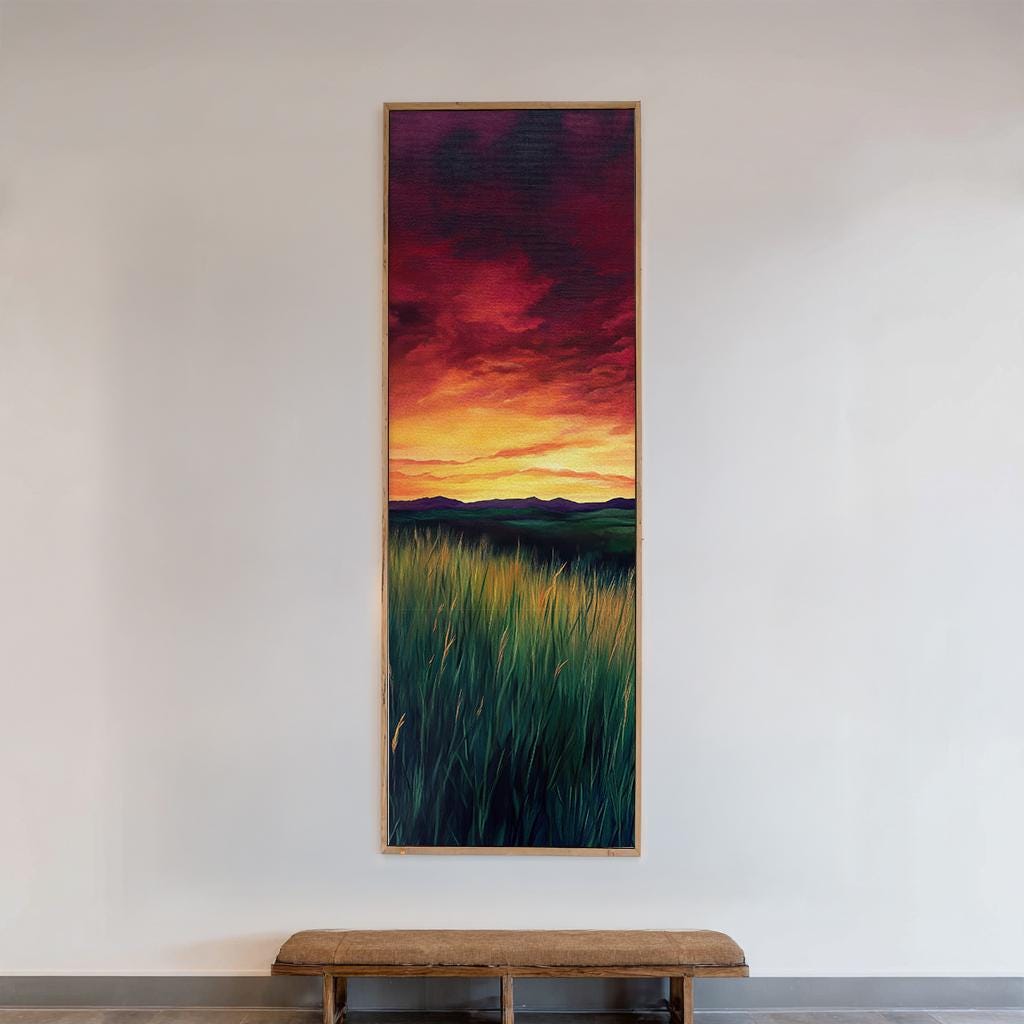 Sunset Prairie Grass Canvas Art | Impasto Textured Print | Biophilic Wall Art For Living Room | Ember Glow Art Long Vertical Art