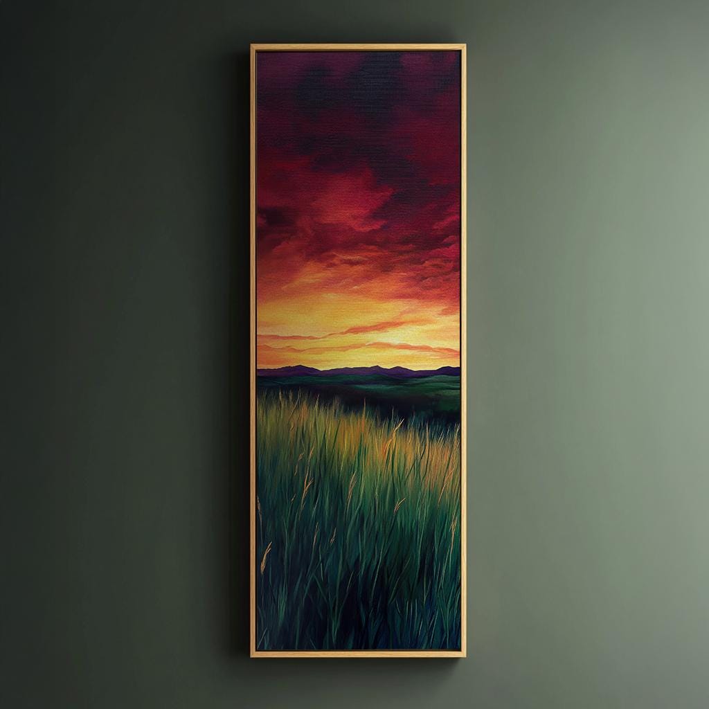 Sunset Prairie Grass Canvas Art | Impasto Textured Print | Biophilic Wall Art For Living Room | Ember Glow Art Long Vertical Art
