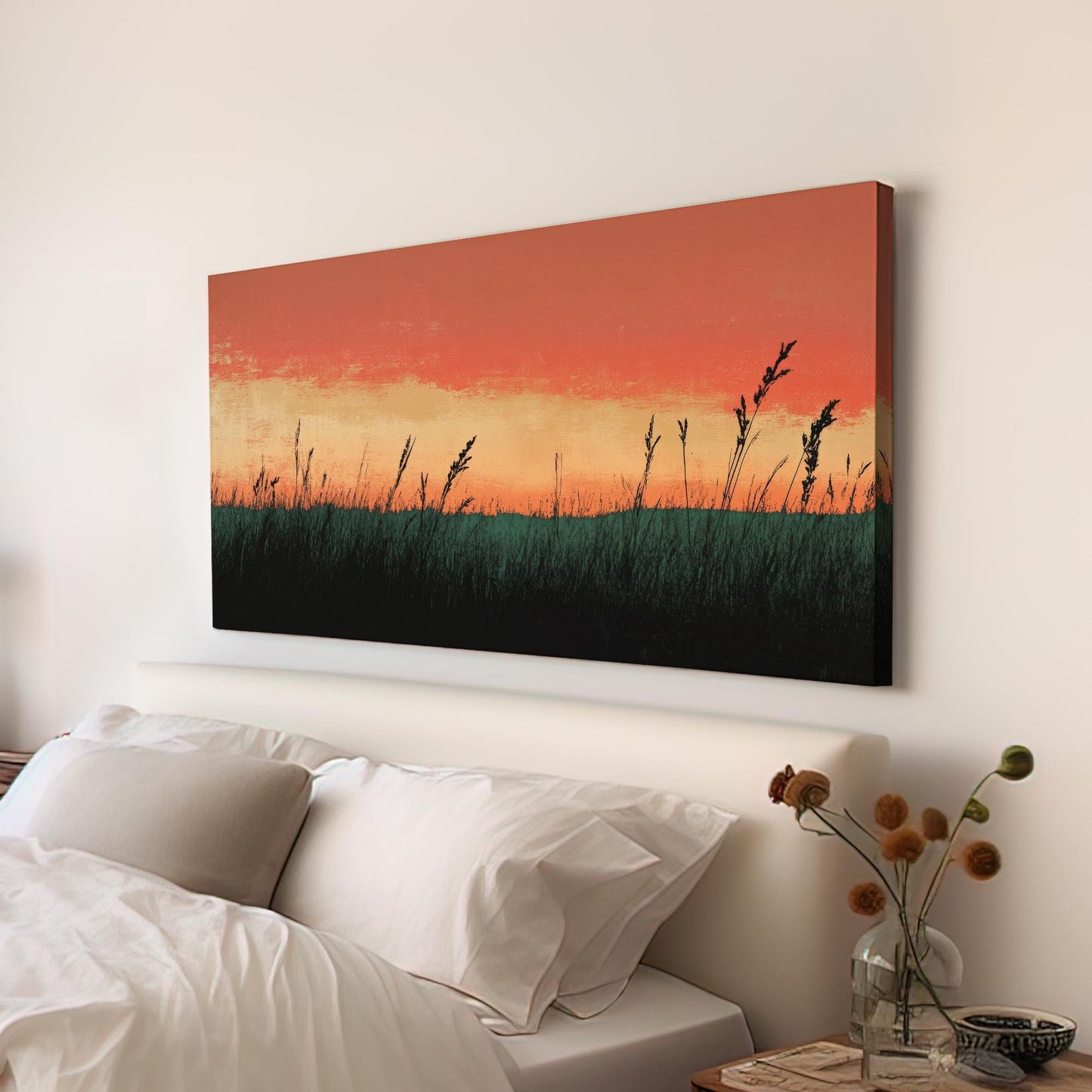 Sunset Prairie Grass Canvas Art | Impasto Print | Japandi Wall Art For Living Room | Terracotta Sage Art Horizontal Art