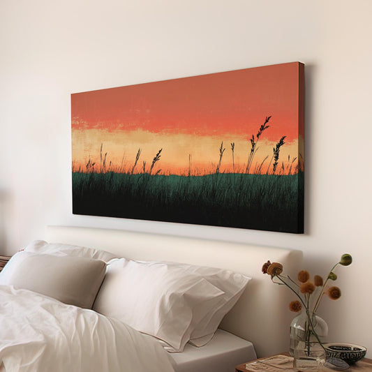 Sunset Prairie Grass Canvas Art | Impasto Print | Japandi Wall Art For Living Room | Terracotta Sage Art Horizontal Art