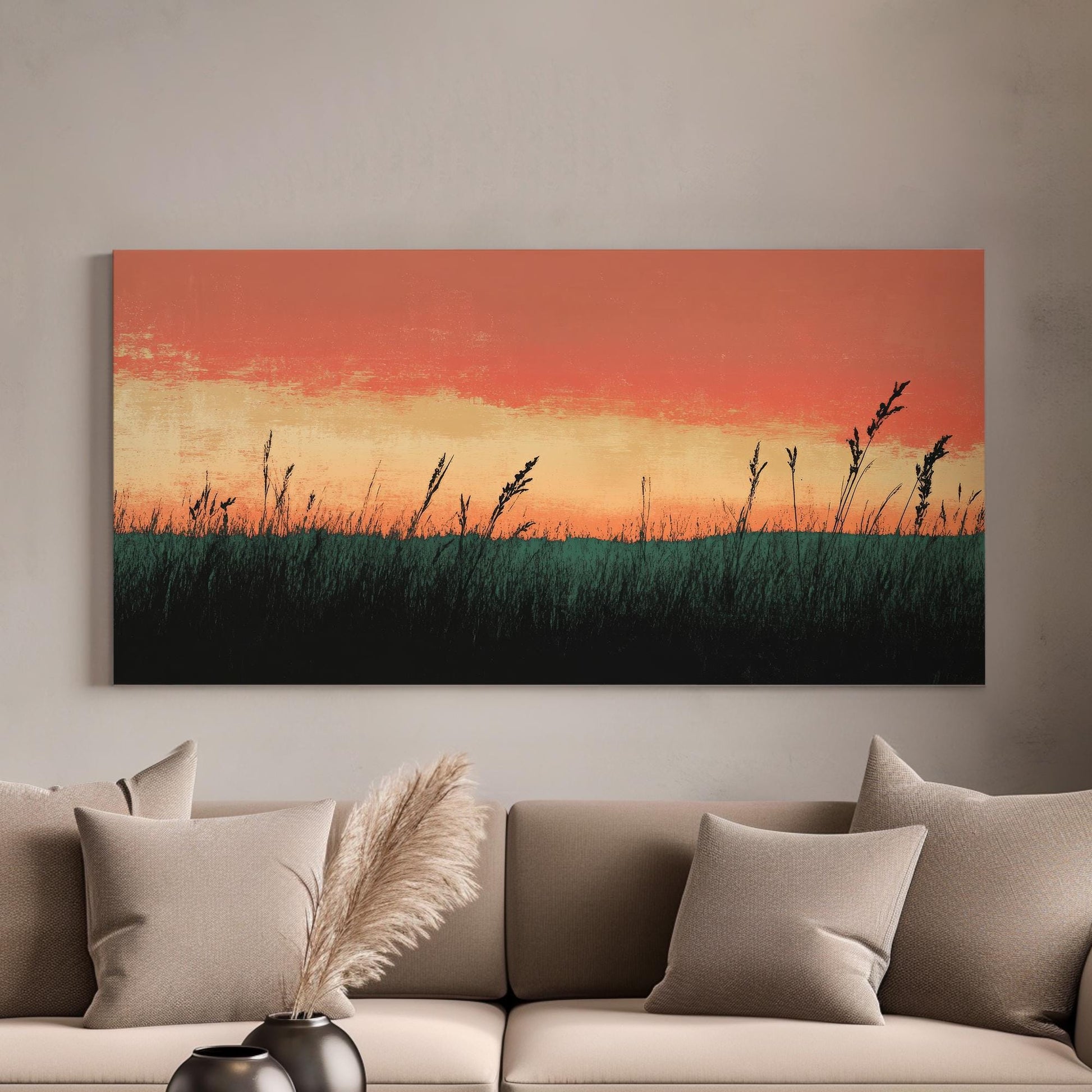 Sunset Prairie Grass Canvas Art | Impasto Print | Japandi Wall Art For Living Room | Terracotta Sage Art Horizontal Art