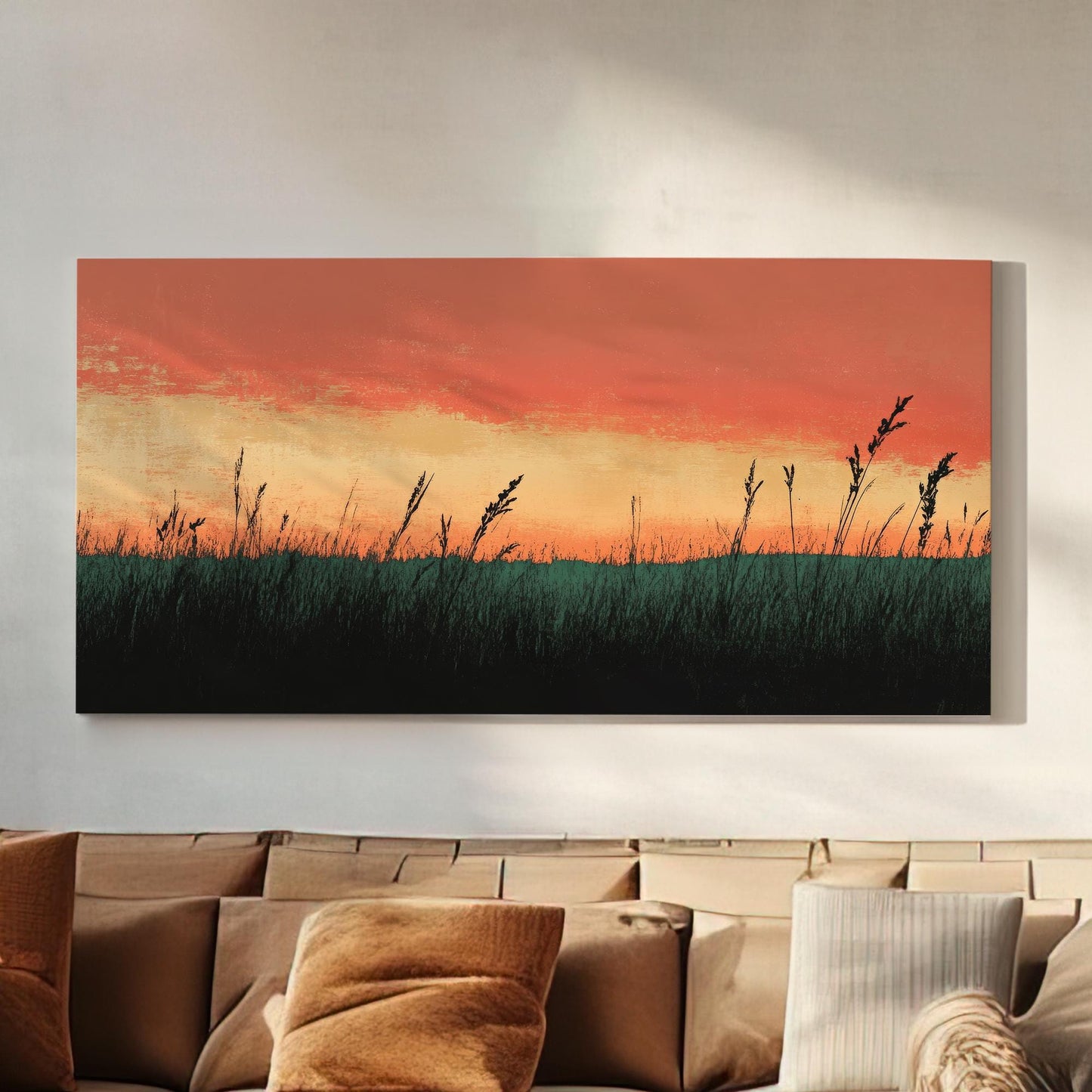 Sunset Prairie Grass Canvas Art | Impasto Print | Japandi Wall Art For Living Room | Terracotta Sage Art Horizontal Art