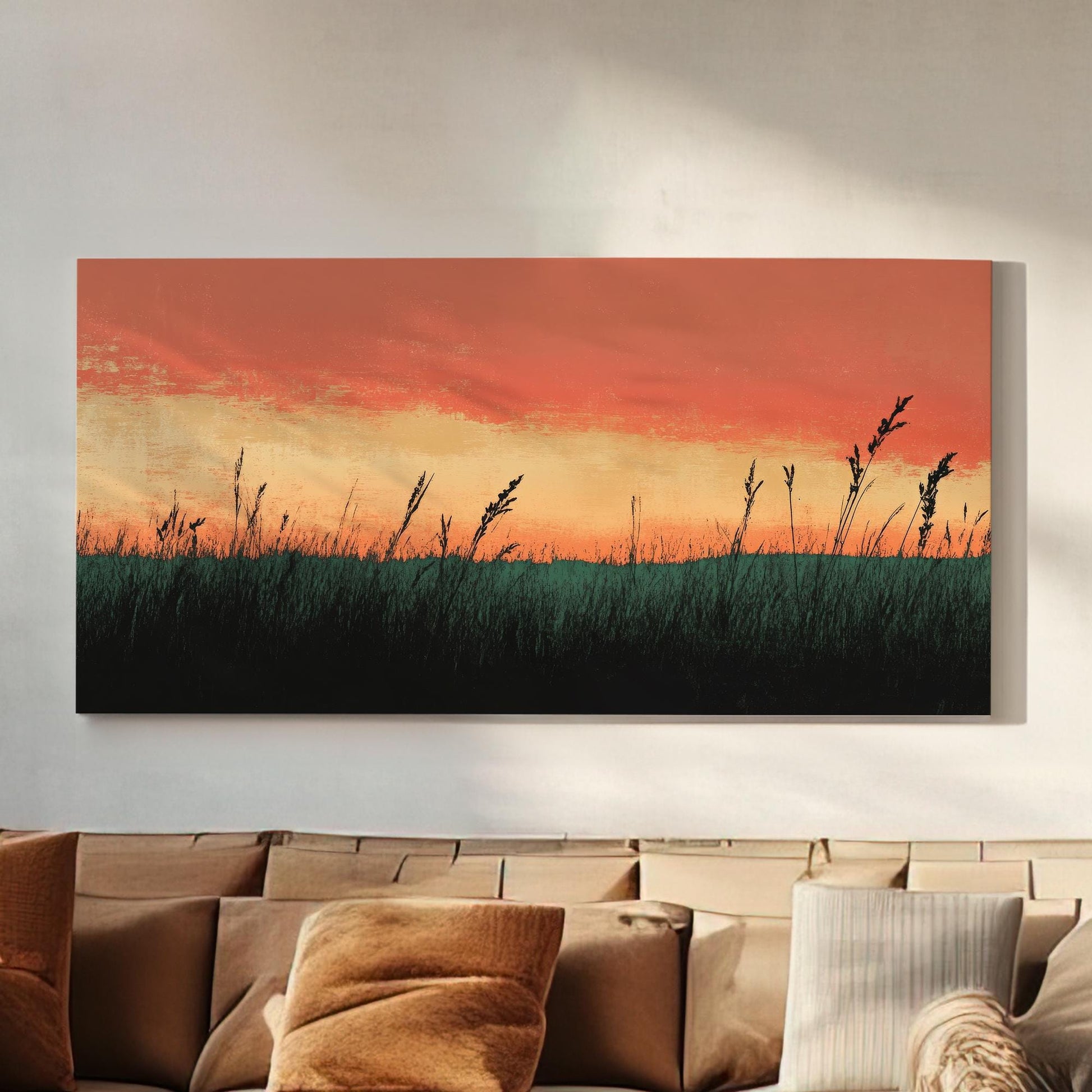 Sunset Prairie Grass Canvas Art | Impasto Print | Japandi Wall Art For Living Room | Terracotta Sage Art Horizontal Art