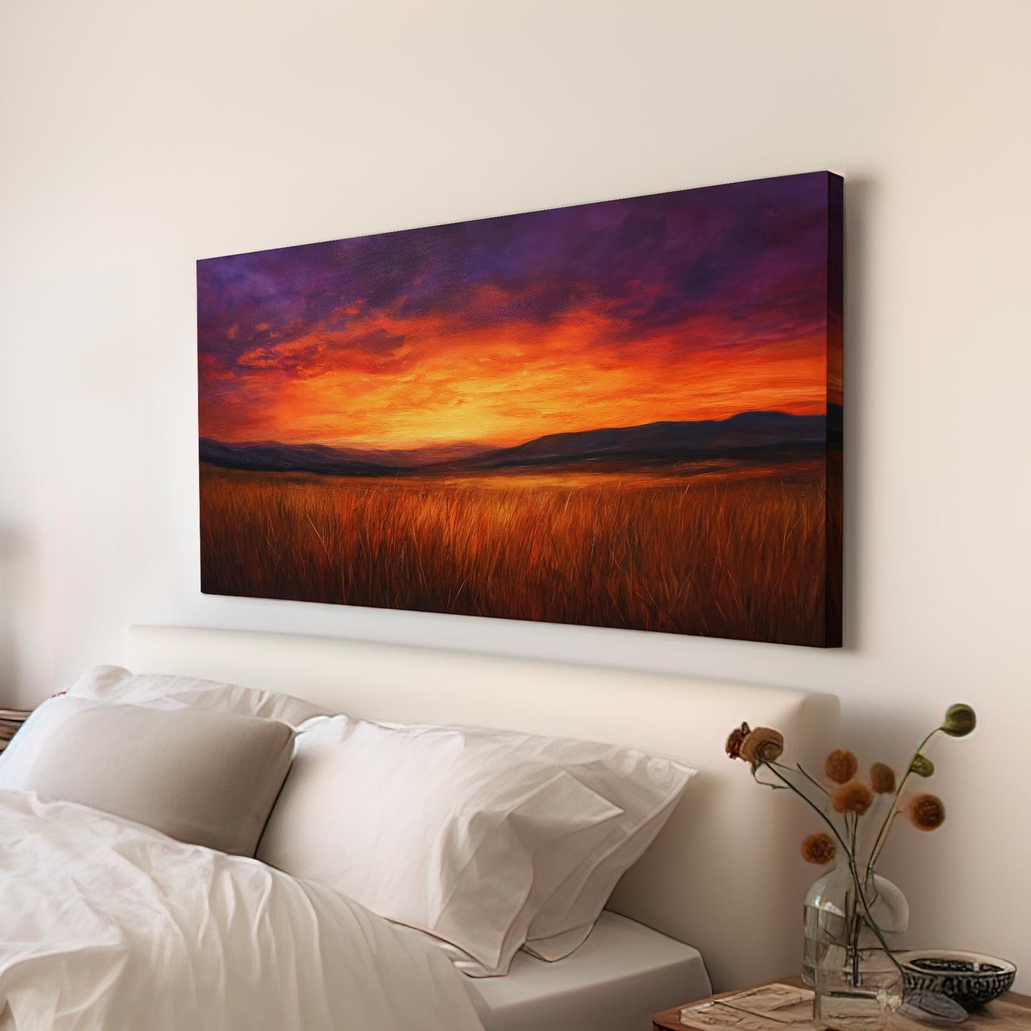 Sunset Prairie Canvas Art | Impasto Painting Print | Bohemian Wall Art For Living Room | Burnt Sienna Art | Eclectic Decor Horizontal Art