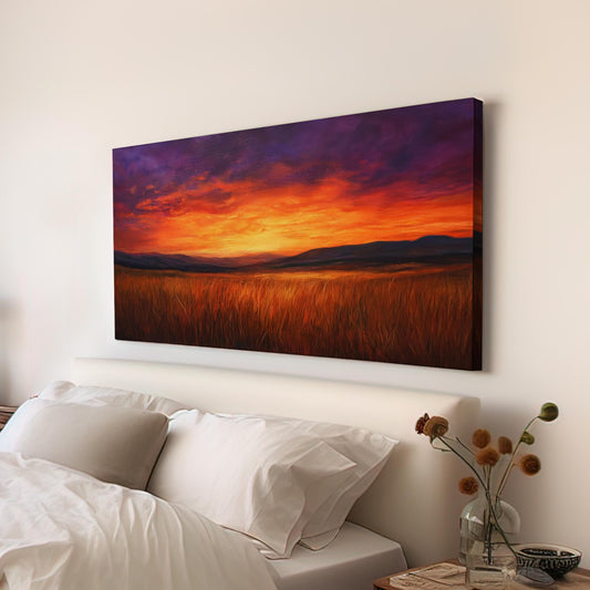 Sunset Prairie Canvas Art | Impasto Painting Print | Bohemian Wall Art For Living Room | Burnt Sienna Art | Eclectic Decor Horizontal Art