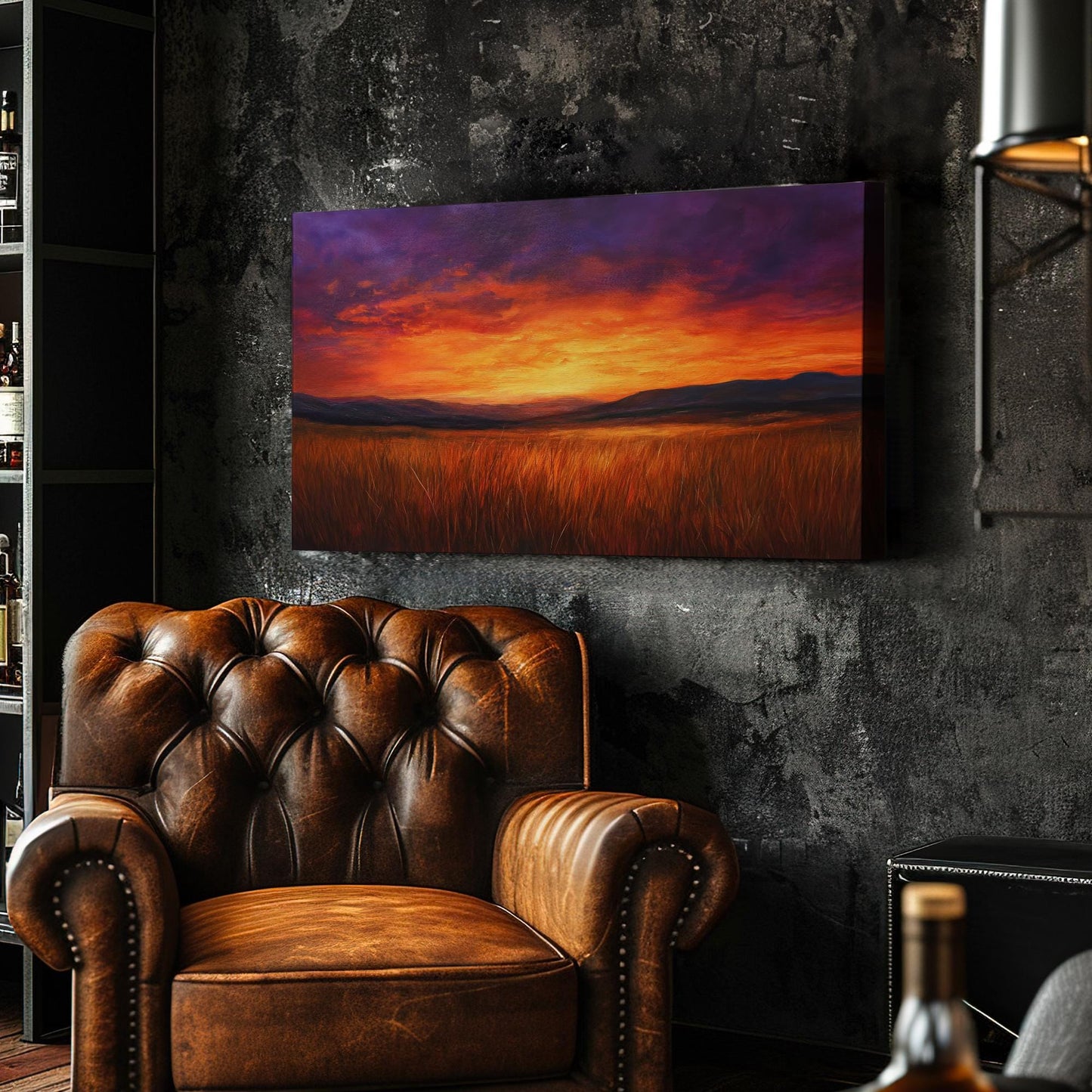 Sunset Prairie Canvas Art | Impasto Painting Print | Bohemian Wall Art For Living Room | Burnt Sienna Art | Eclectic Decor Horizontal Art