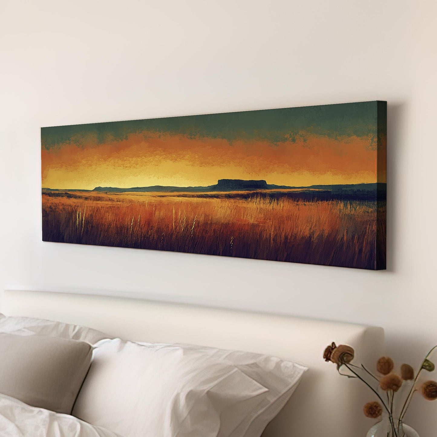 Sunset Prairie Canvas Art | Impasto Brushstroke Print | Mid Century Modern Wall Art For Living Room | Ochre and Ember Art Panoramic Wall Art