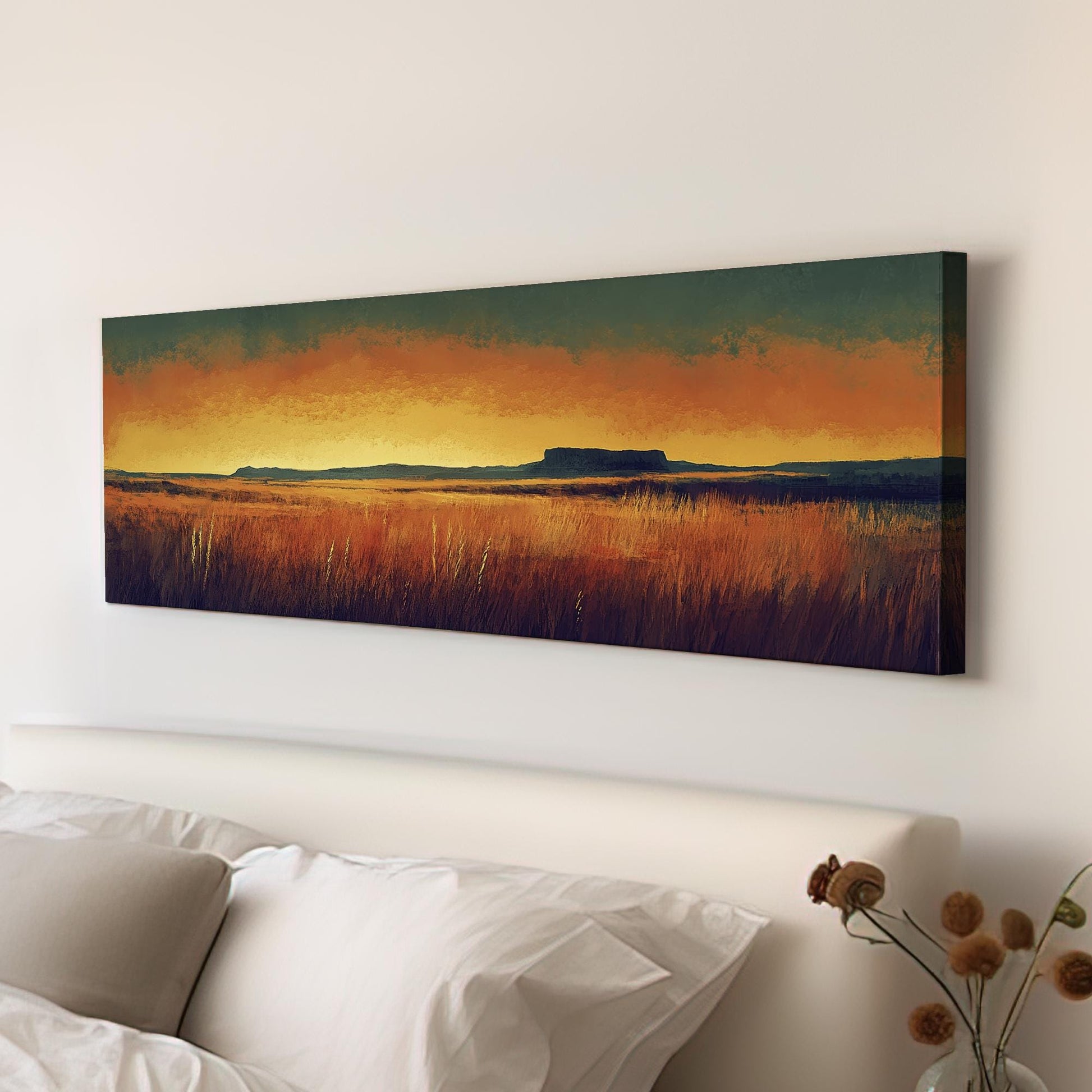 Sunset Prairie Canvas Art | Impasto Brushstroke Print | Mid Century Modern Wall Art For Living Room | Ochre and Ember Art Panoramic Wall Art