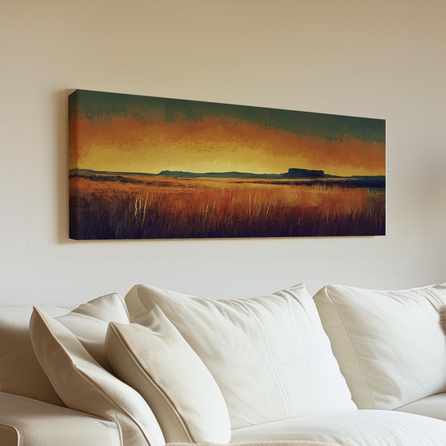 Sunset Prairie Canvas Art | Impasto Brushstroke Print | Mid Century Modern Wall Art For Living Room | Ochre and Ember Art Panoramic Wall Art