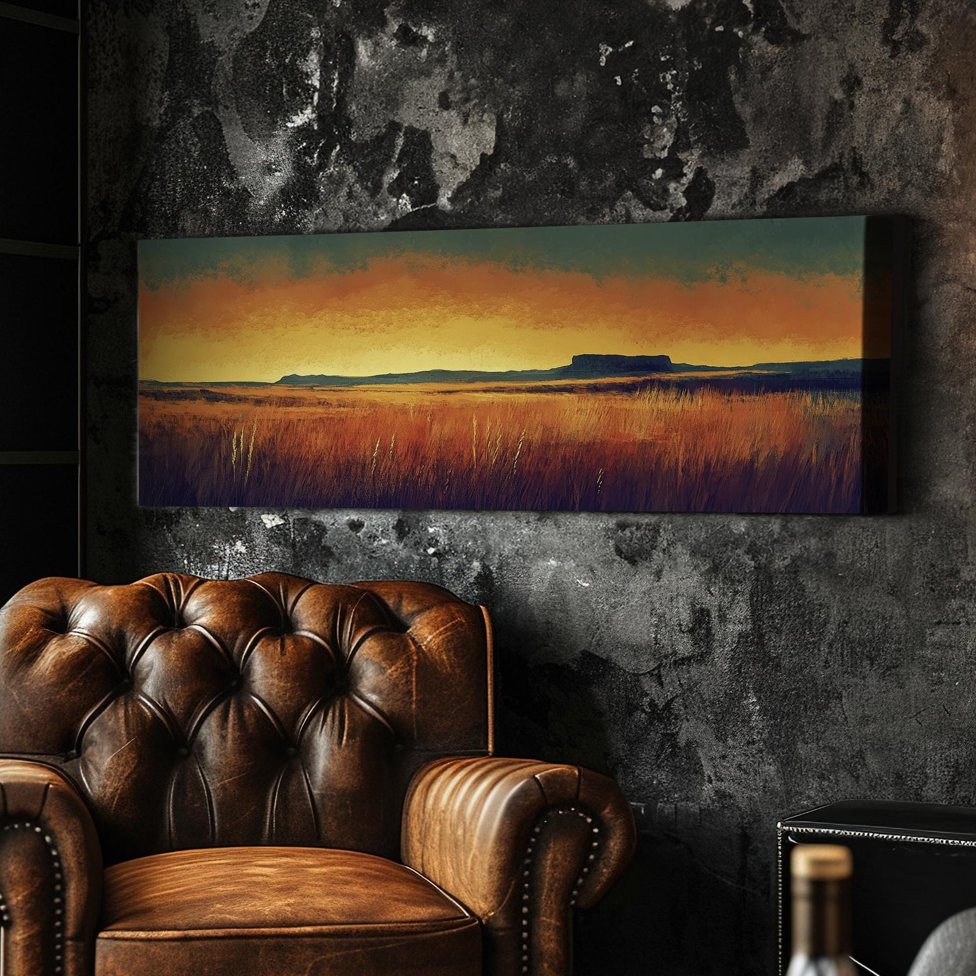 Sunset Prairie Canvas Art | Impasto Brushstroke Print | Mid Century Modern Wall Art For Living Room | Ochre and Ember Art Panoramic Wall Art