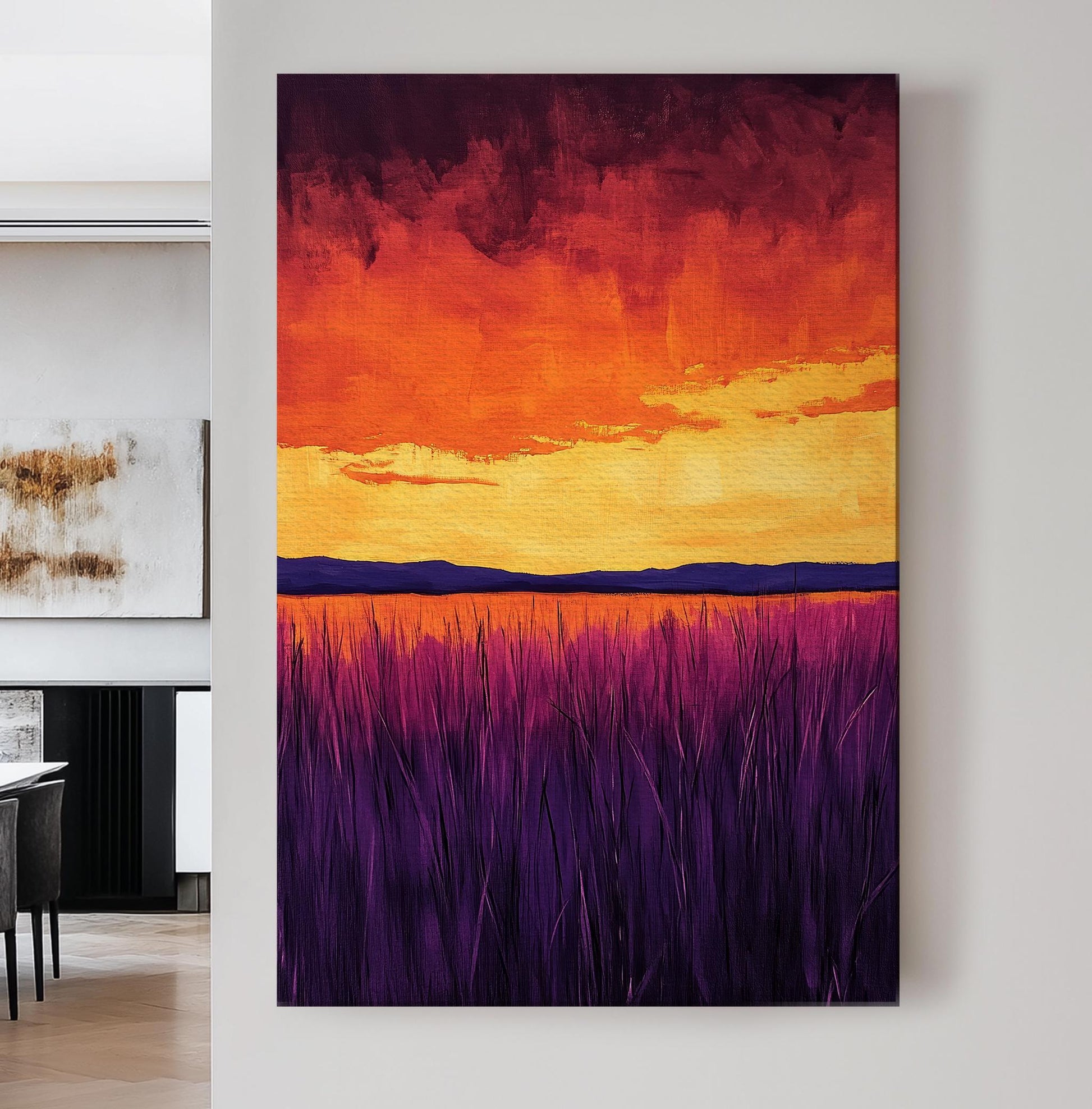 Sunset Prairie Canvas Art | Impasto Brushstroke Print | Bohemian Wall Art For Living Room | Amethyst Ember Art Vertical Canvas