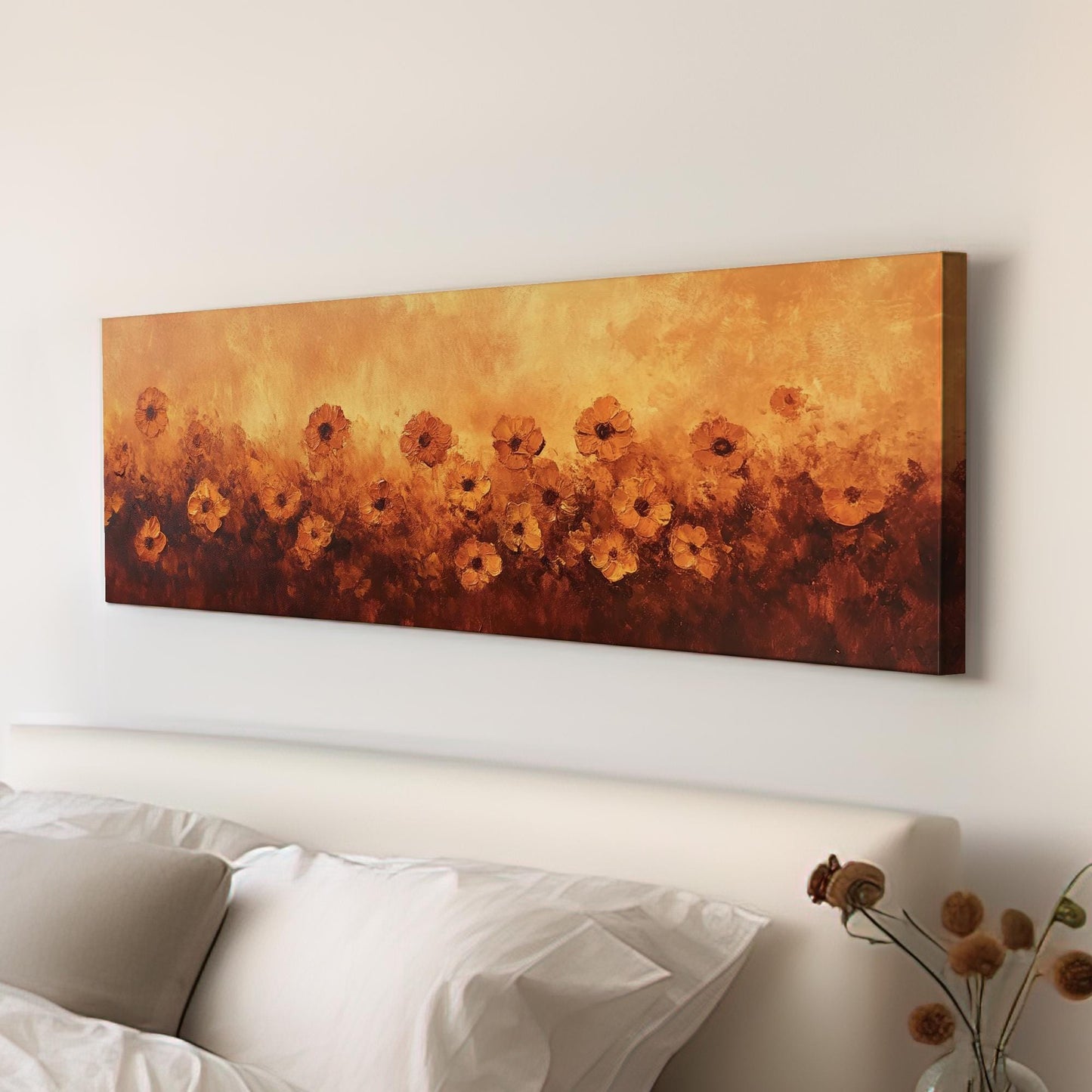 Sunset Poppies Canvas Art | Impasto Floral Print | Bohemian Wall Art For Living Room | Burnt Sienna Art Panoramic Wall Art