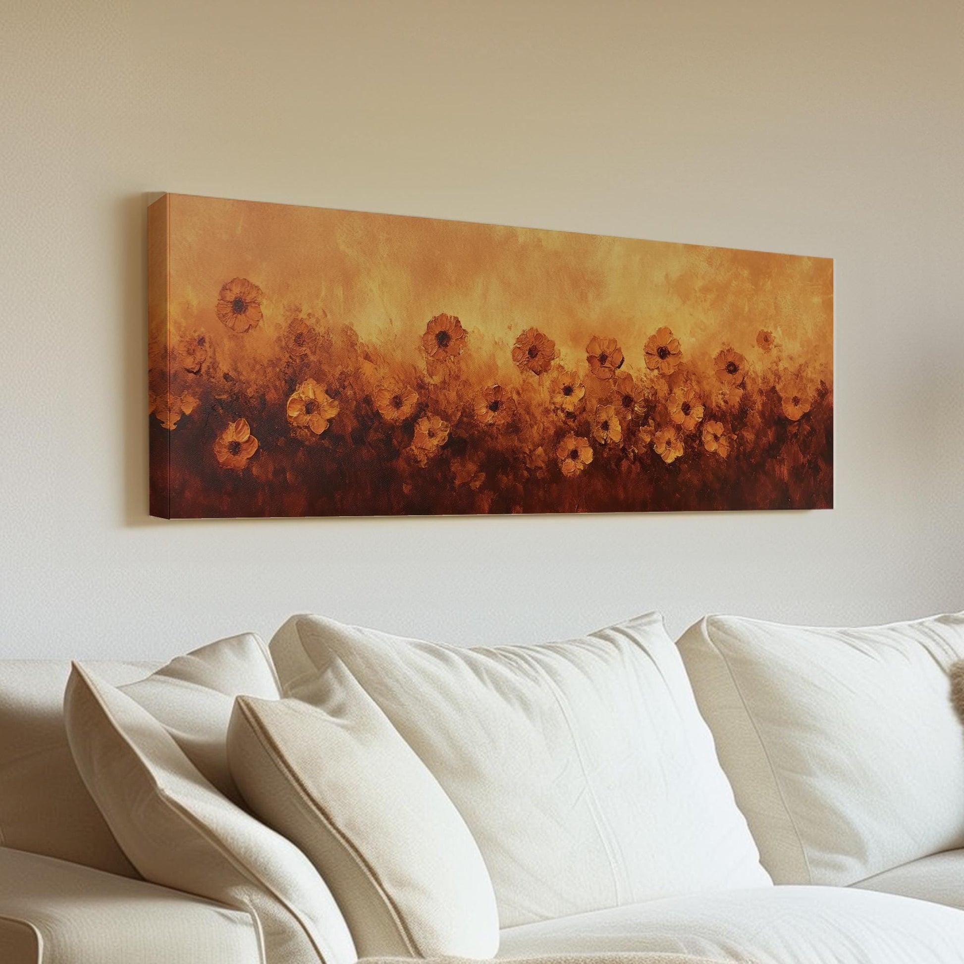 Sunset Poppies Canvas Art | Impasto Floral Print | Bohemian Wall Art For Living Room | Burnt Sienna Art Panoramic Wall Art