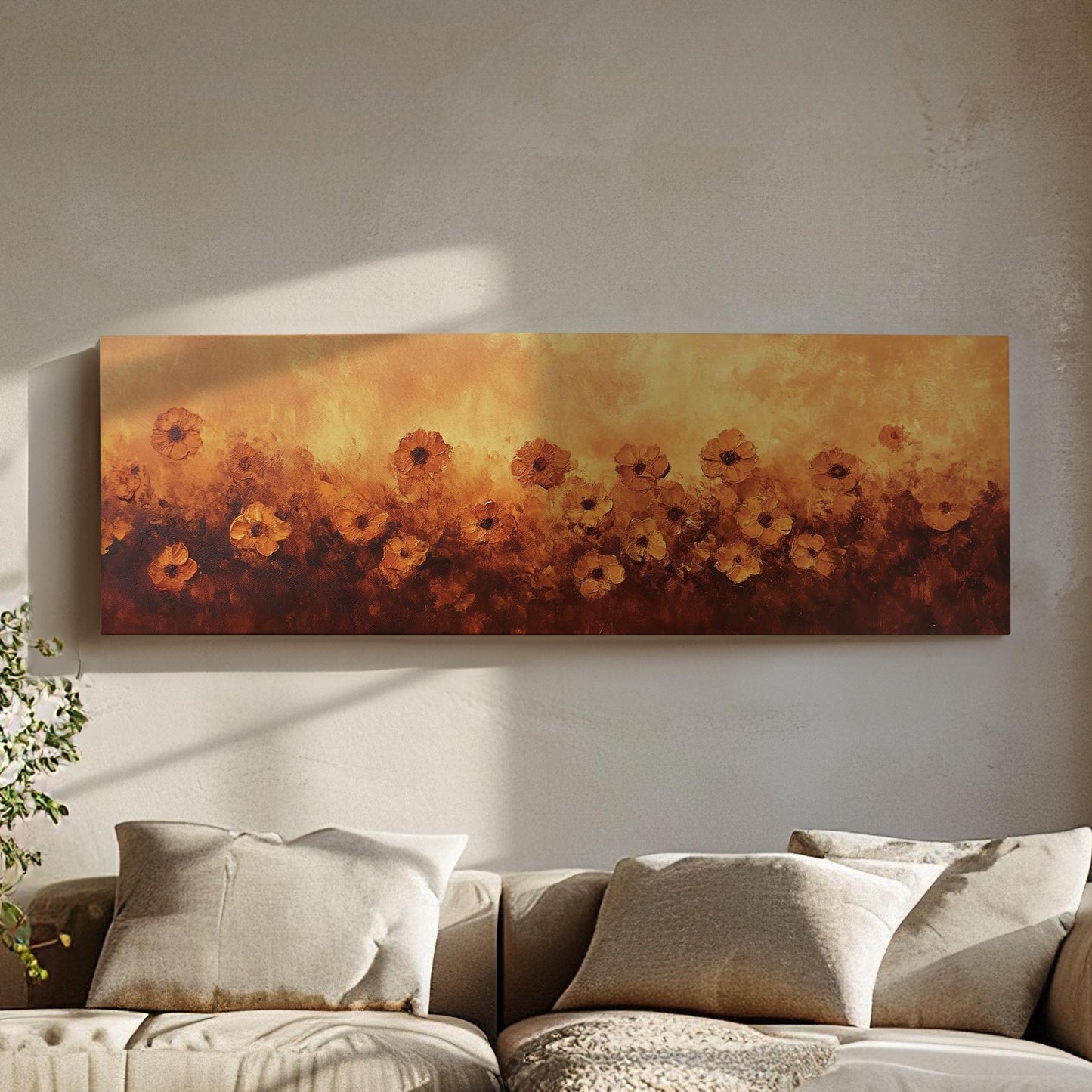 Sunset Poppies Canvas Art | Impasto Floral Print | Bohemian Wall Art For Living Room | Burnt Sienna Art Panoramic Wall Art