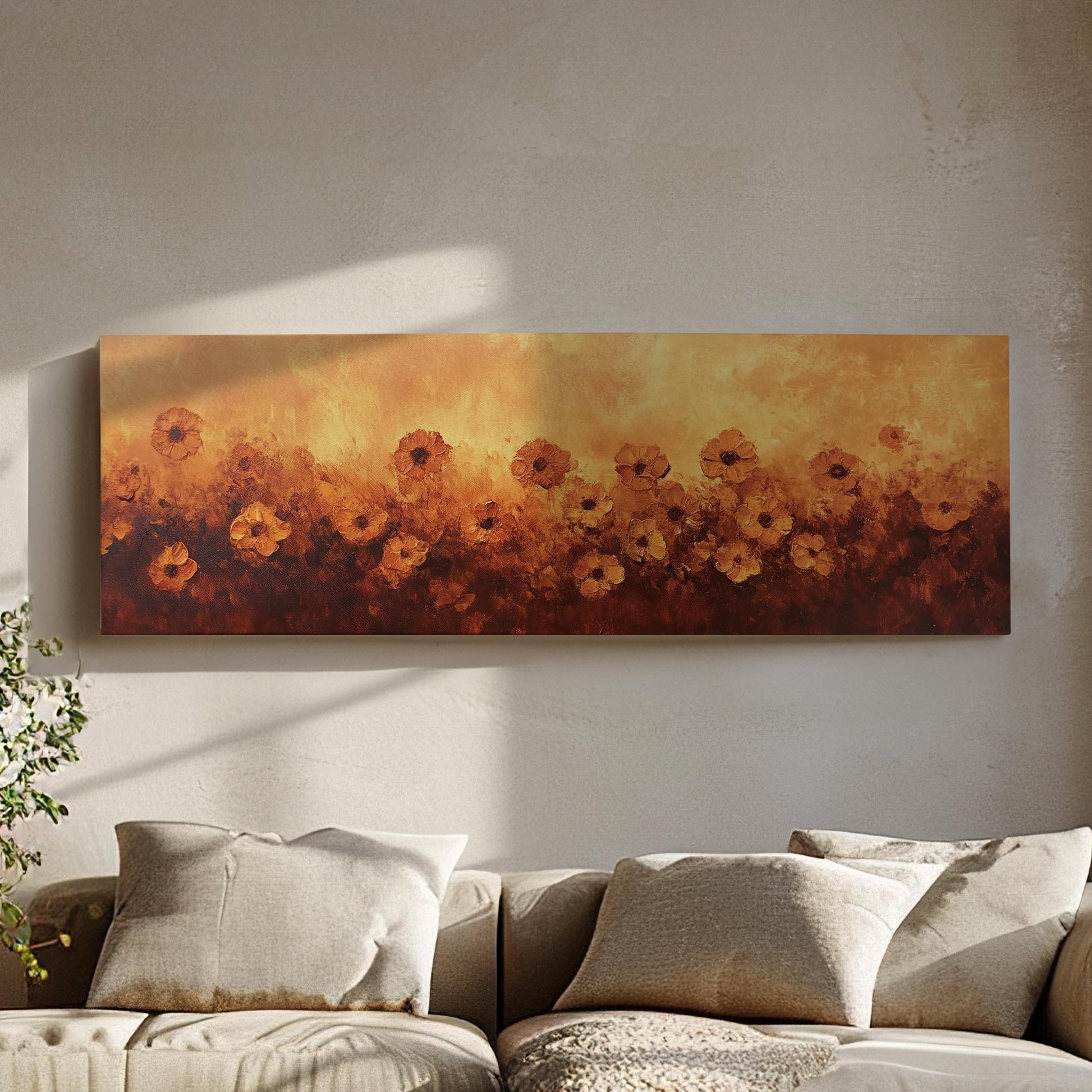 Sunset Poppies Canvas Art | Impasto Floral Print | Bohemian Wall Art For Living Room | Burnt Sienna Art Panoramic Wall Art