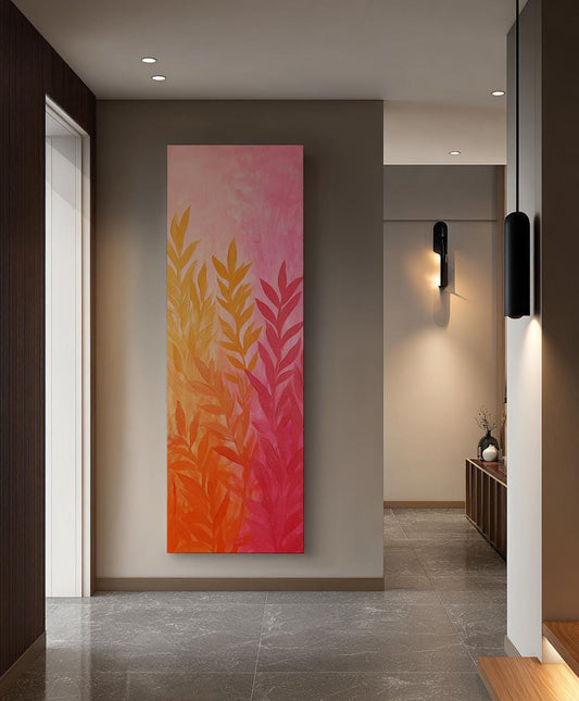 Sunset Palm Fronds Canvas Art | Impasto Print | Biophilic Wall Art For Living Room | Coral Apricot Art Long Vertical Art