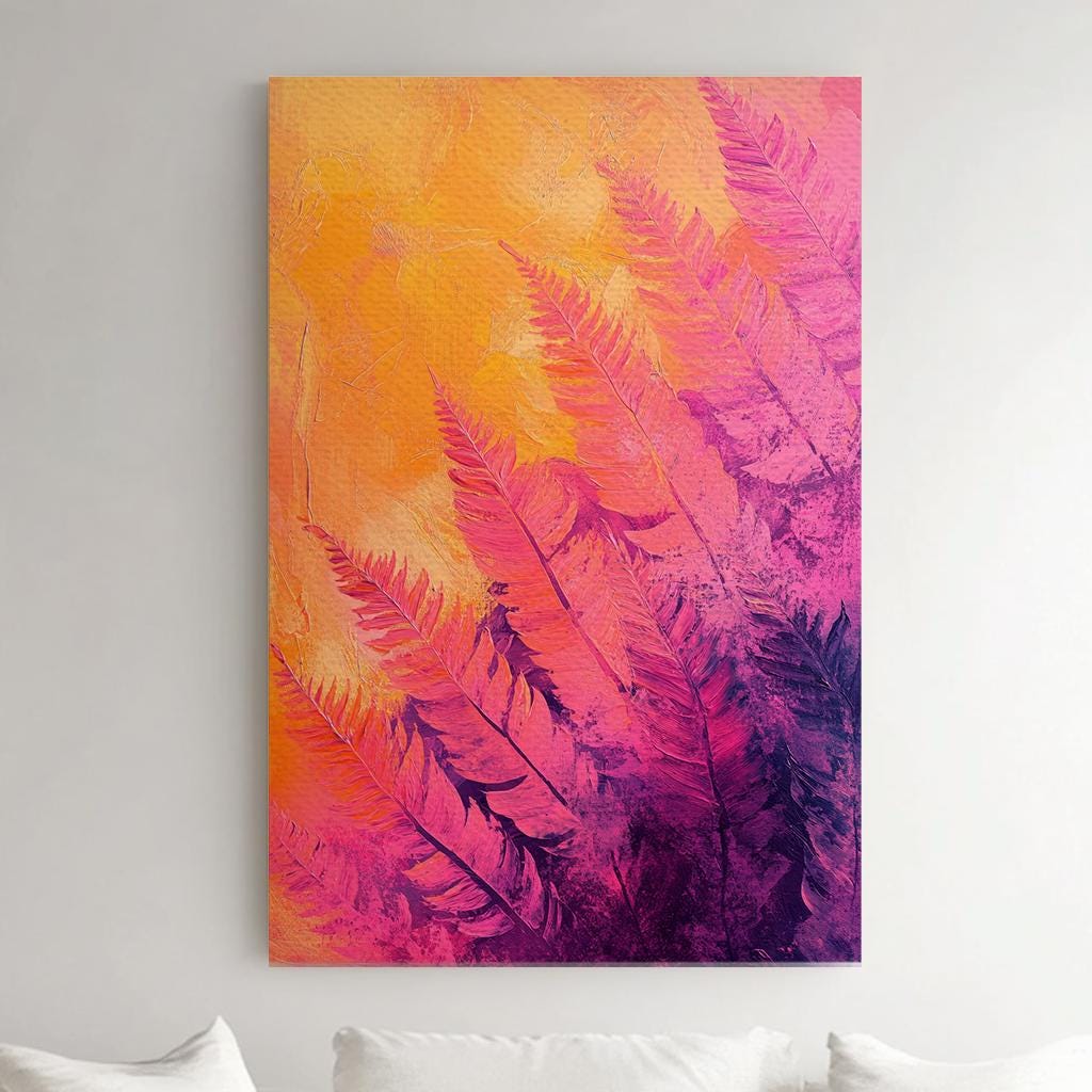 Sunset Palm Fronds Canvas Art | Impasto Painting Print | Bohemian Modern Wall Art For Living Room | Coral Sunset Art Vertical Canvas