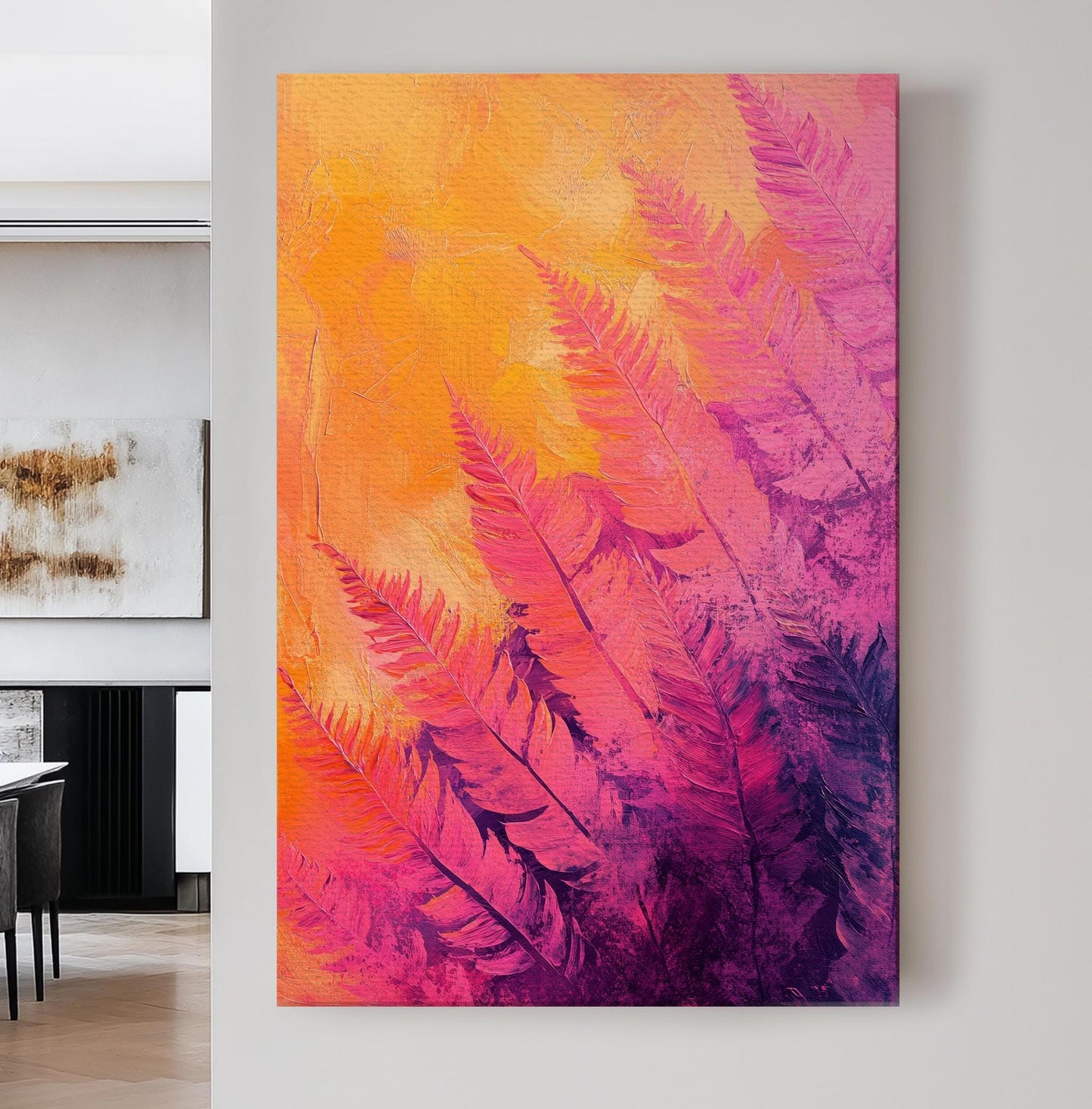 Sunset Palm Fronds Canvas Art | Impasto Painting Print | Bohemian Modern Wall Art For Living Room | Coral Sunset Art Vertical Canvas