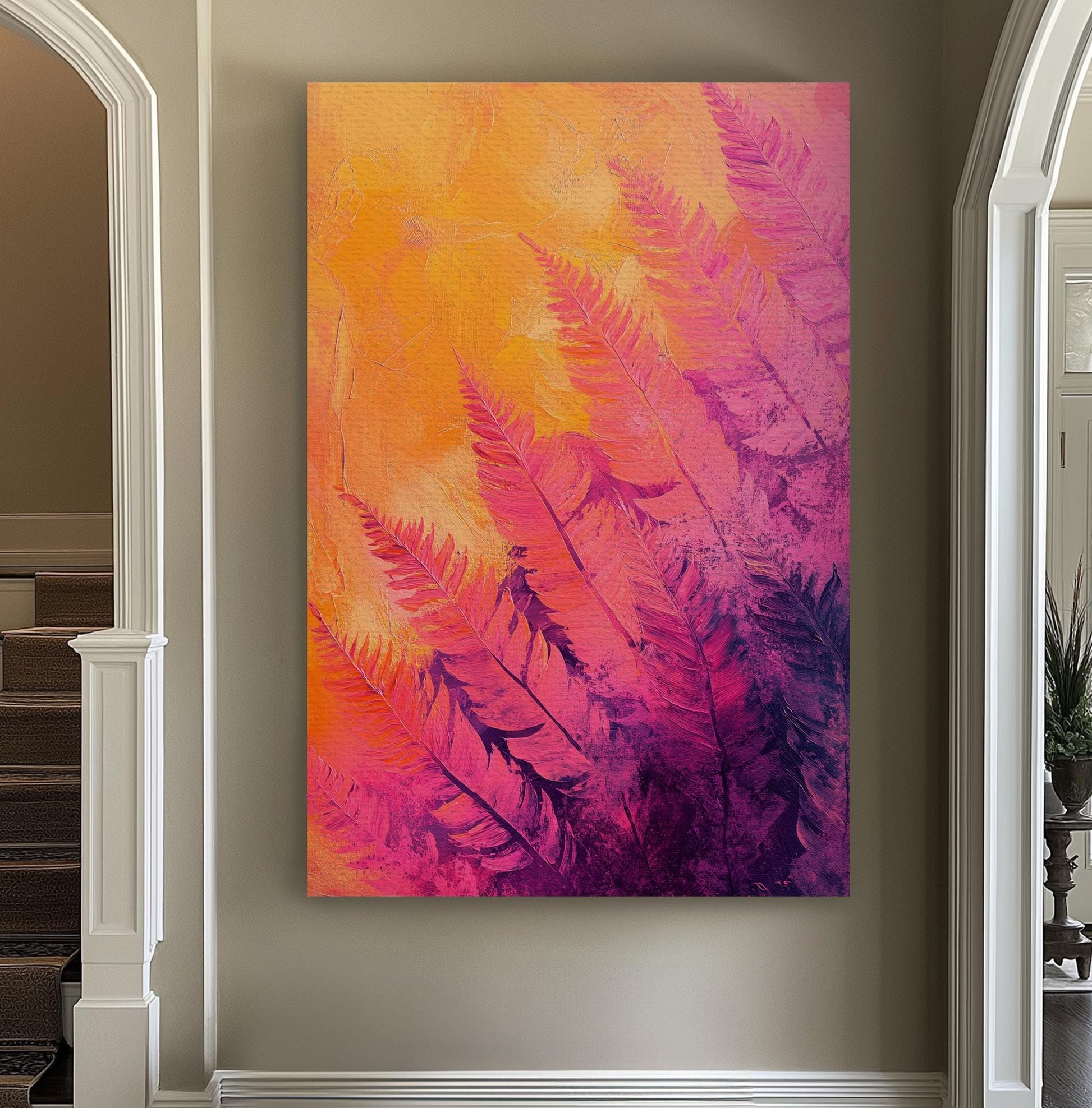 Sunset Palm Fronds Canvas Art | Impasto Painting Print | Bohemian Modern Wall Art For Living Room | Coral Sunset Art Vertical Canvas