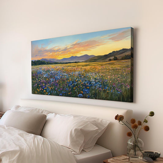 Sunset Meadow Wildflower Canvas Art | Impasto Painting Print | Bohemian Wall Art For Living Room | Honeycomb Hues Art Horizontal Art
