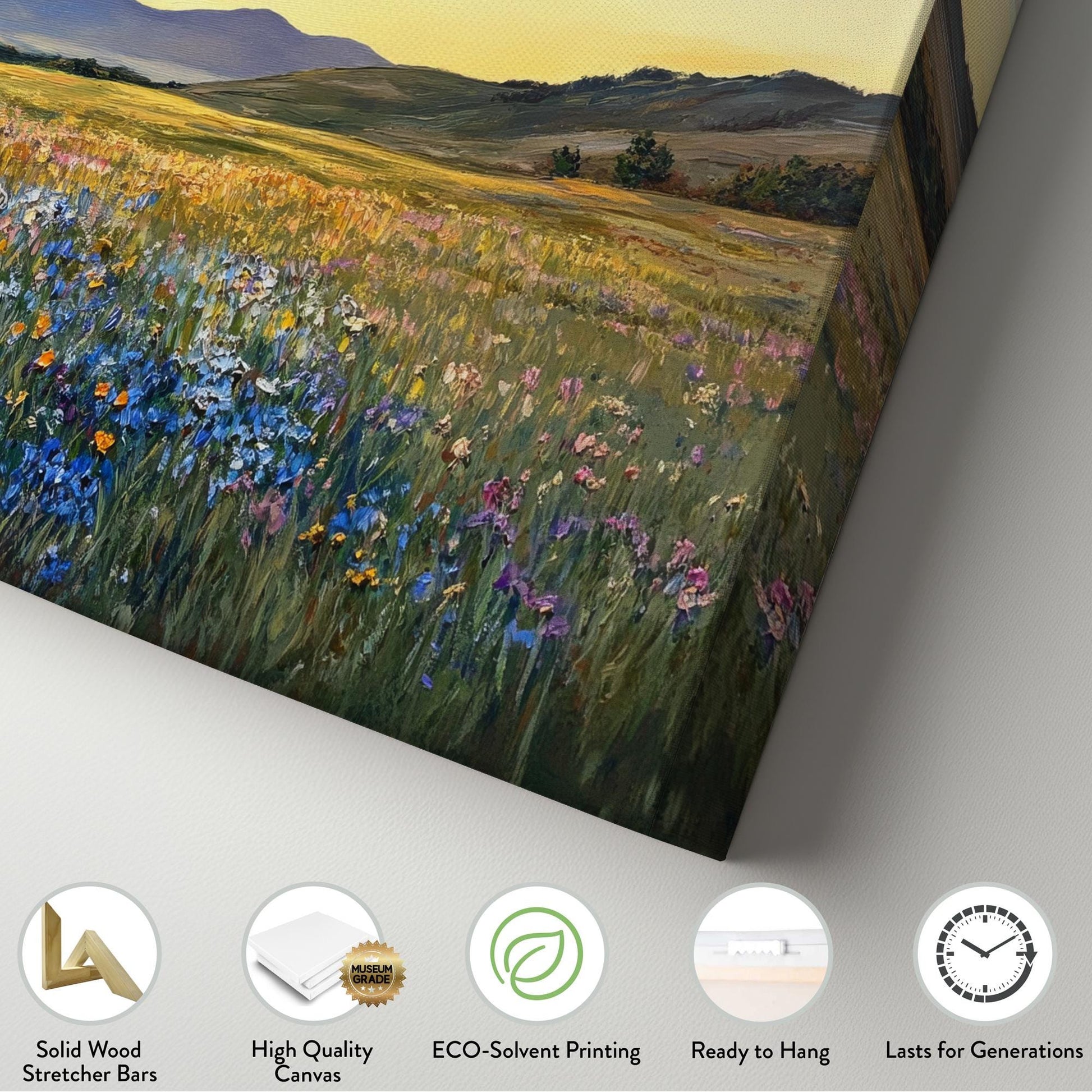 Sunset Meadow Wildflower Canvas Art | Impasto Painting Print | Bohemian Wall Art For Living Room | Honeycomb Hues Art Horizontal Art