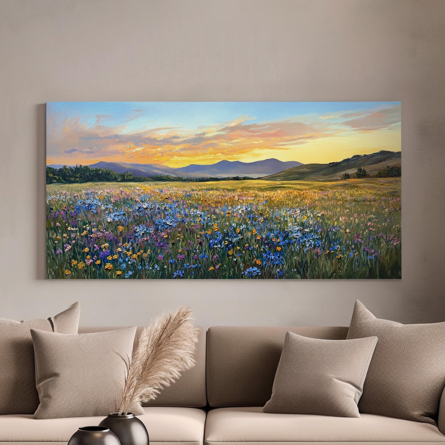 Sunset Meadow Wildflower Canvas Art | Impasto Painting Print | Bohemian Wall Art For Living Room | Honeycomb Hues Art Horizontal Art
