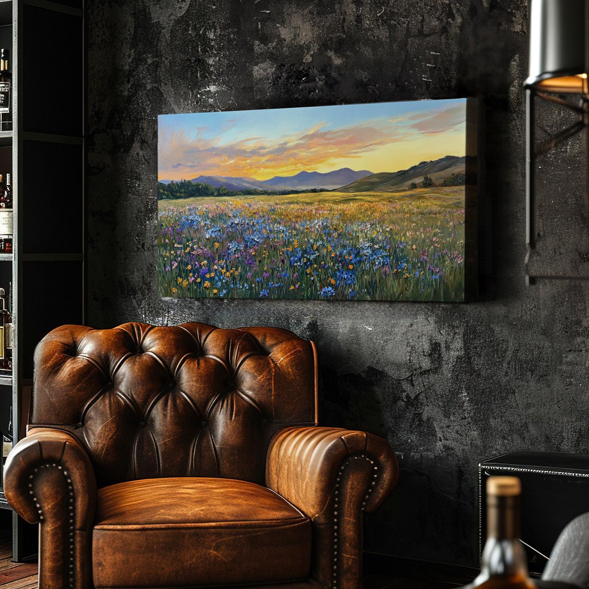 Sunset Meadow Wildflower Canvas Art | Impasto Painting Print | Bohemian Wall Art For Living Room | Honeycomb Hues Art Horizontal Art