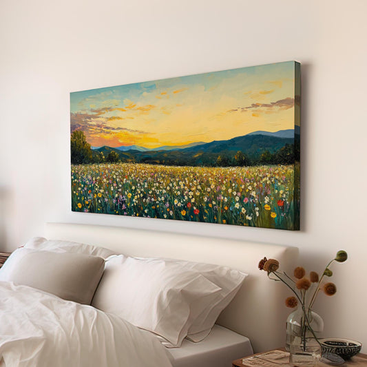 Sunset Meadow Impressionist Canvas Art | Palette Knife Impasto Print | Bohemian Wall Art For Living Room | Honeycomb Hues Art Horizontal Art