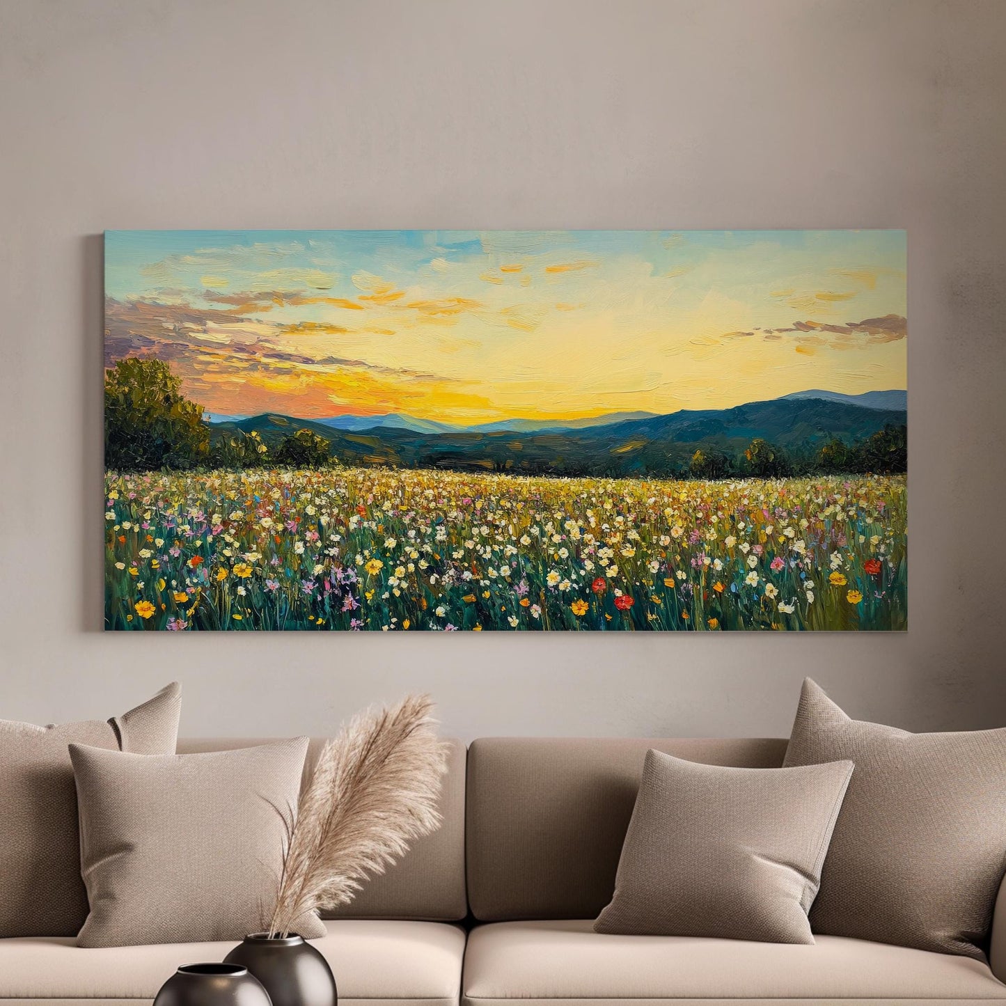 Sunset Meadow Impressionist Canvas Art | Palette Knife Impasto Print | Bohemian Wall Art For Living Room | Honeycomb Hues Art Horizontal Art