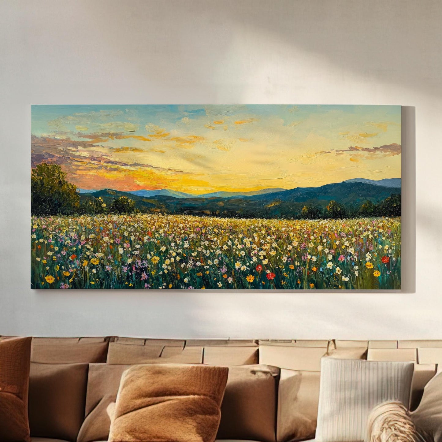 Sunset Meadow Impressionist Canvas Art | Palette Knife Impasto Print | Bohemian Wall Art For Living Room | Honeycomb Hues Art Horizontal Art