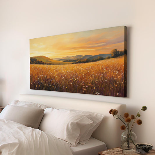 Sunset Meadow Canvas Art | Impasto Impressionism Print | Bohemian Wall Art For Living Room | Honeycomb Hues Art Horizontal Art