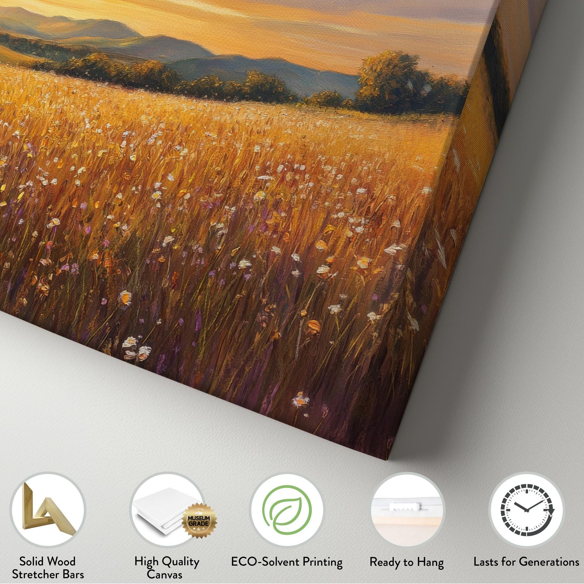 Sunset Meadow Canvas Art | Impasto Impressionism Print | Bohemian Wall Art For Living Room | Honeycomb Hues Art Horizontal Art