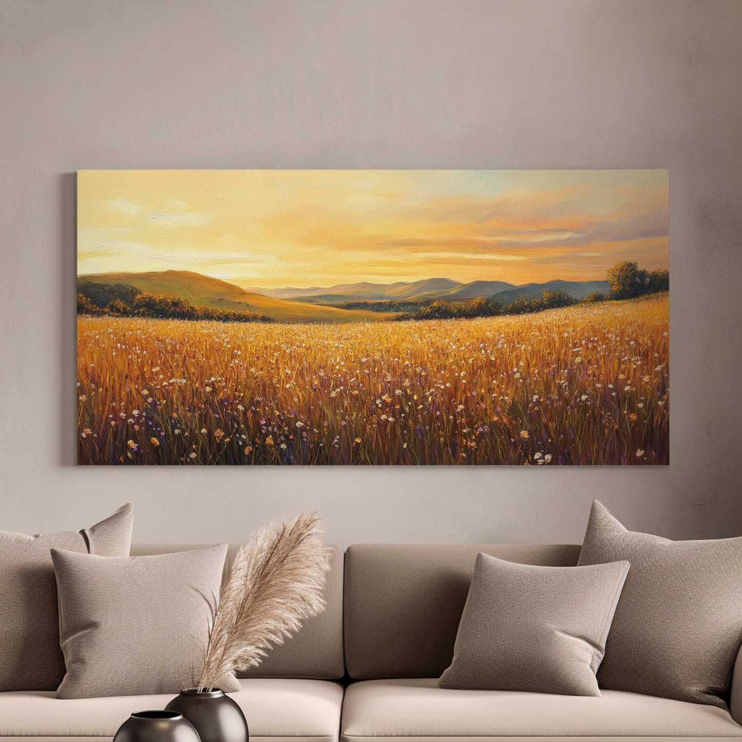 Sunset Meadow Canvas Art | Impasto Impressionism Print | Bohemian Wall Art For Living Room | Honeycomb Hues Art Horizontal Art